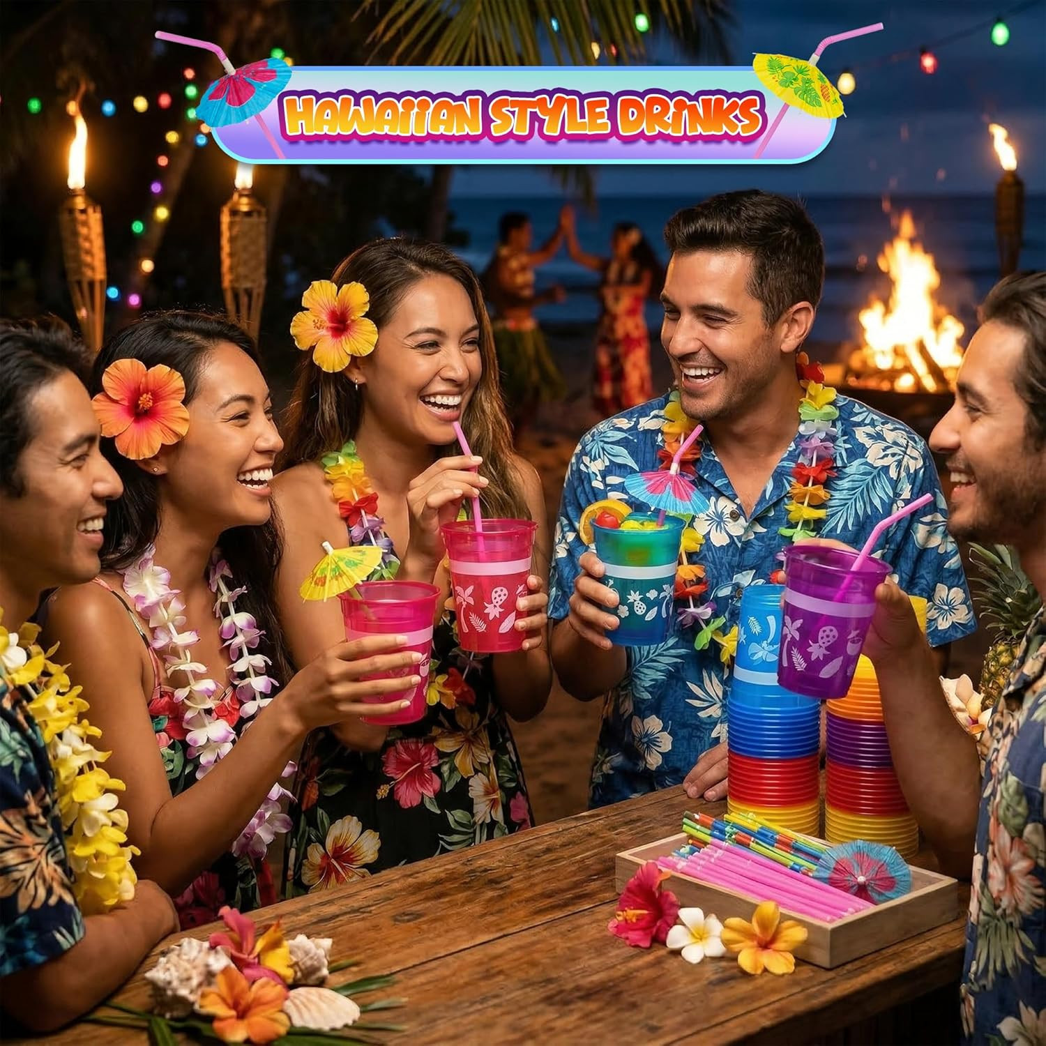48 Packs Tropical Party Cups with Parasol Straws – Disposable Plastic Cups 16Oz