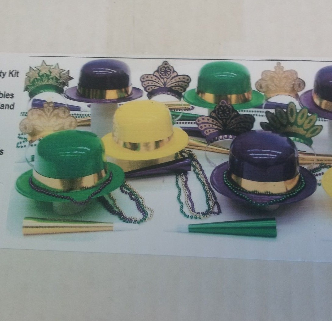 FESTIVE PARTY/EVENT KIT BEADS/HATS/TIARAS/MARDI GRAS (ASSORTMENT FOR 10 PEOPLE)