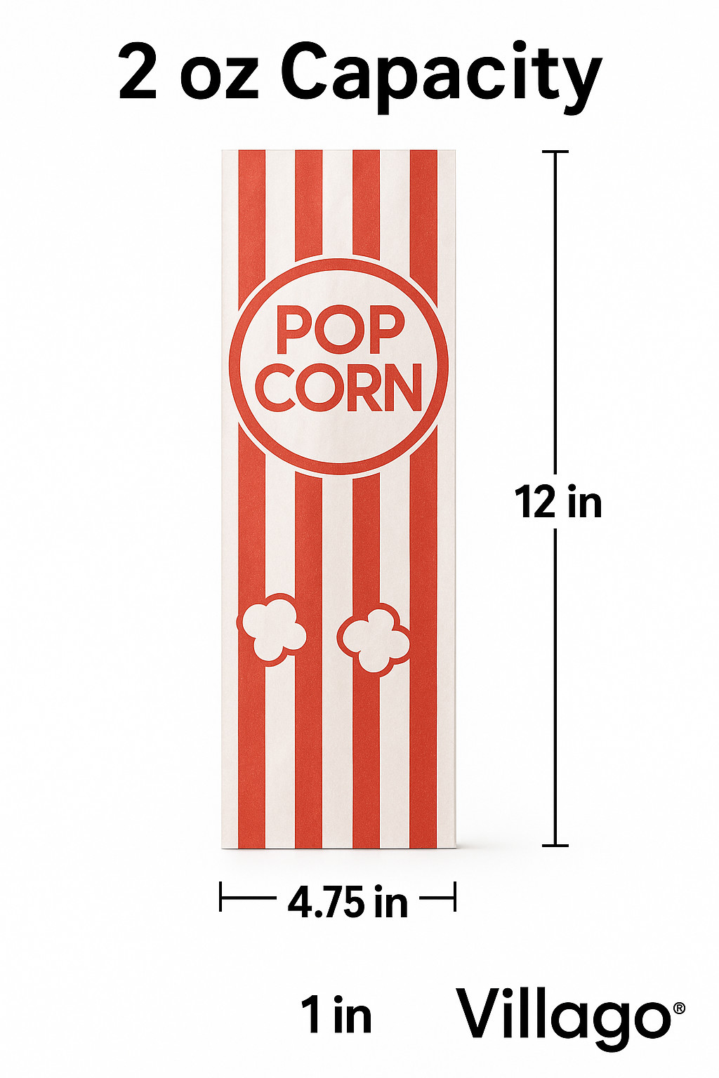 2 oz Popcorn Bags Red & White Striped Leak Proof Popcorn 4 3/4″ x 1″ x 12″ Party