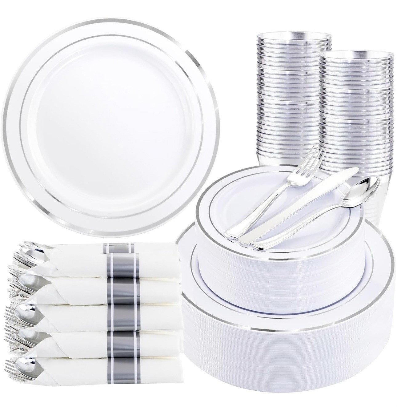 350Piece Silver Plastic Dinnerware Set for 50 Guests – Silver Plastic Plates NEW