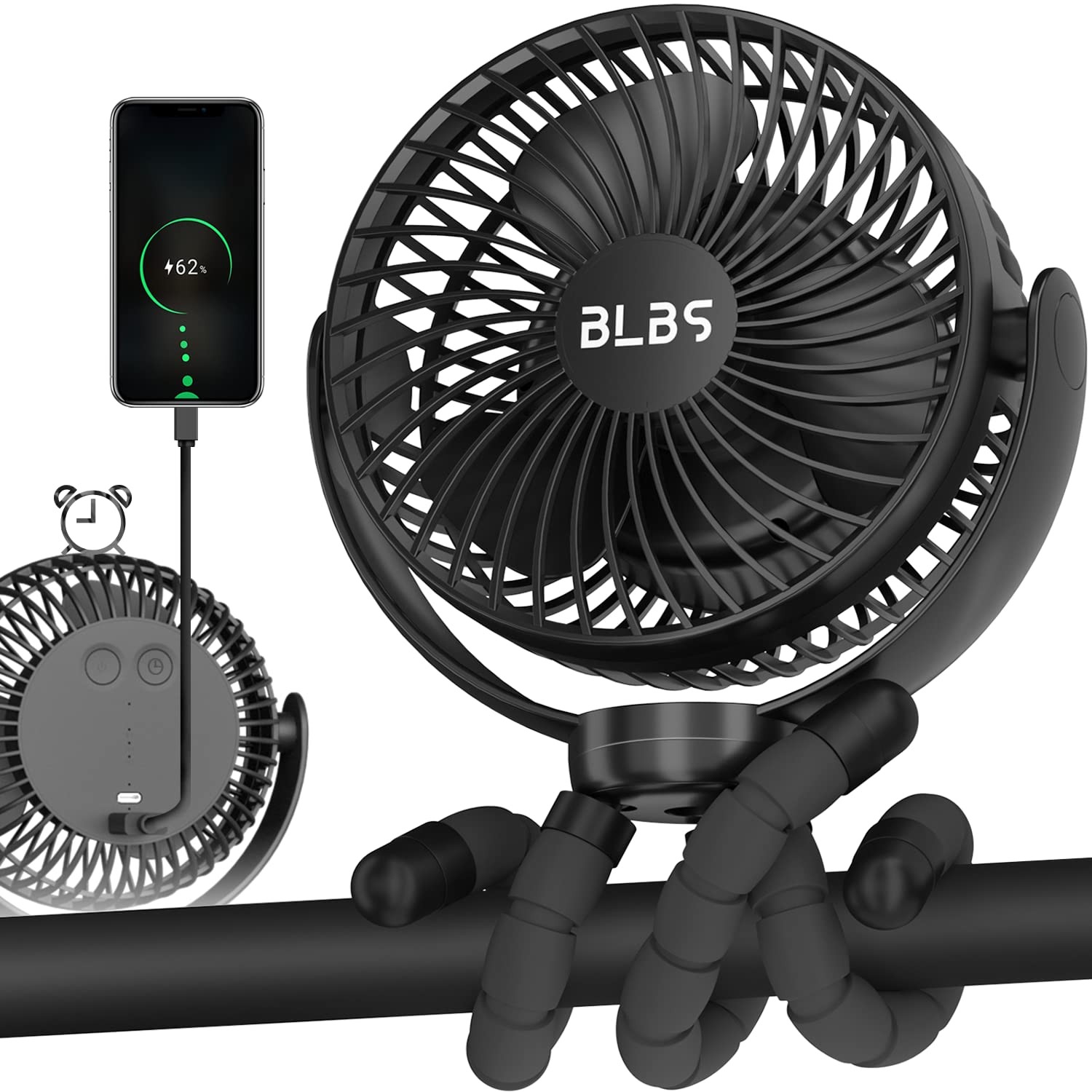 Stroller Fan – 65Hrs 12600mAh Rechargeable, Timing Car Seat, Portable Clip On Ba