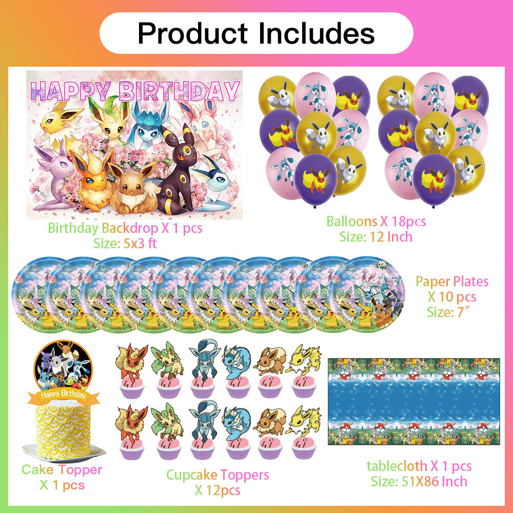 Eevee Happy Birthday Party Supplies Plates Balloon Cake Toppers Banner 5x3ft