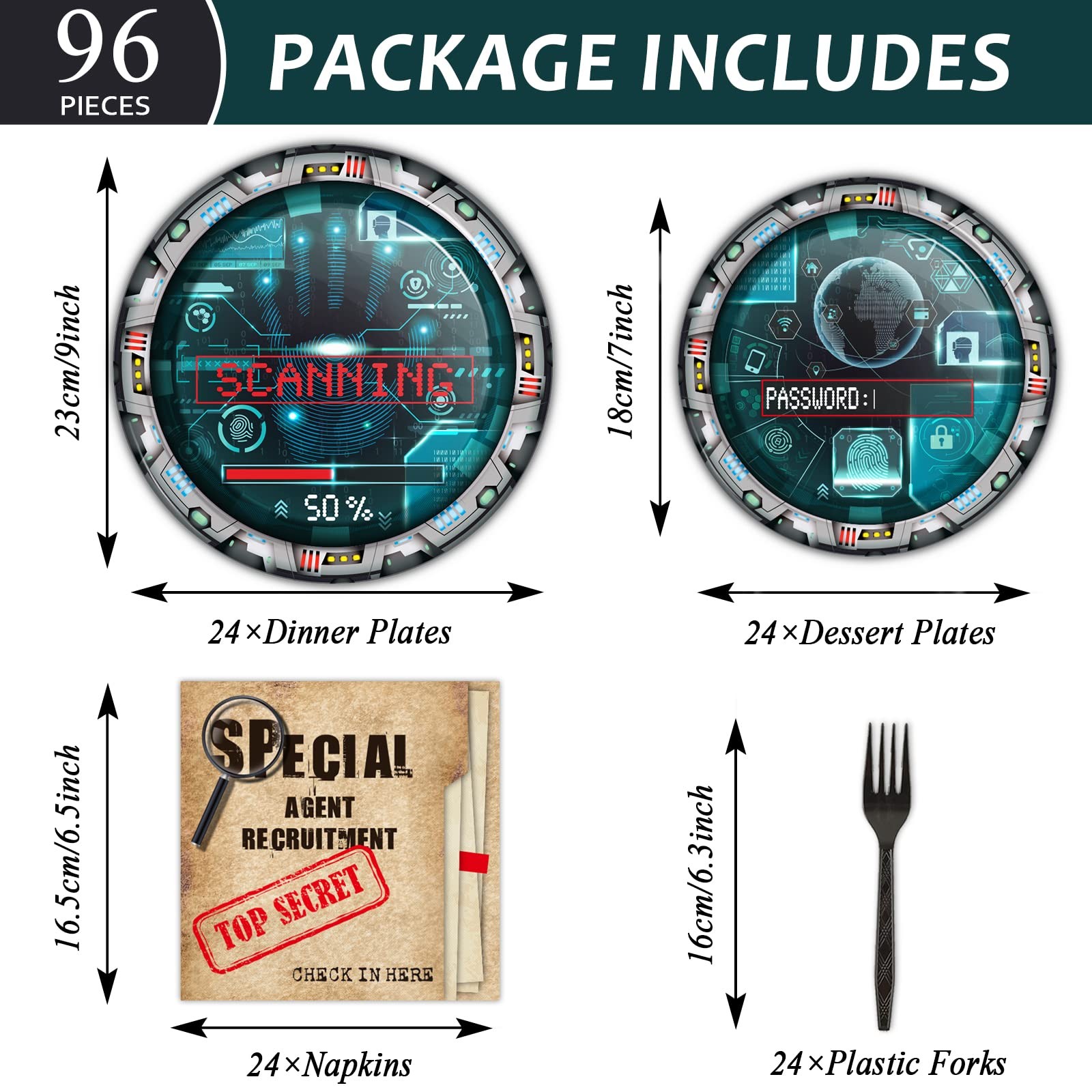 96 Pcs Secret Agent Party Plate and Napkin Top Secret Spy Detective Plates Na…