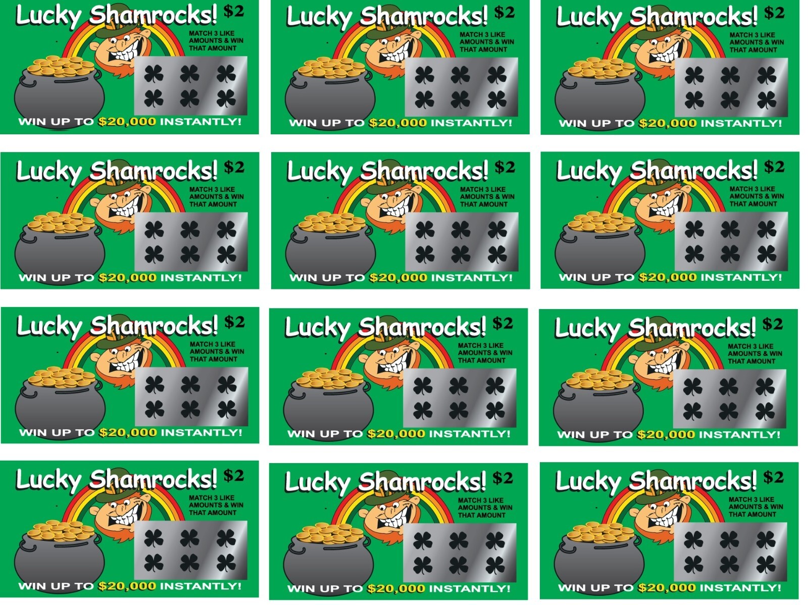 40 Fake Lottery Tickets Scratch Cards Prank Gag-20 LUCKY SHAMROCK-20 JOKERS WILD