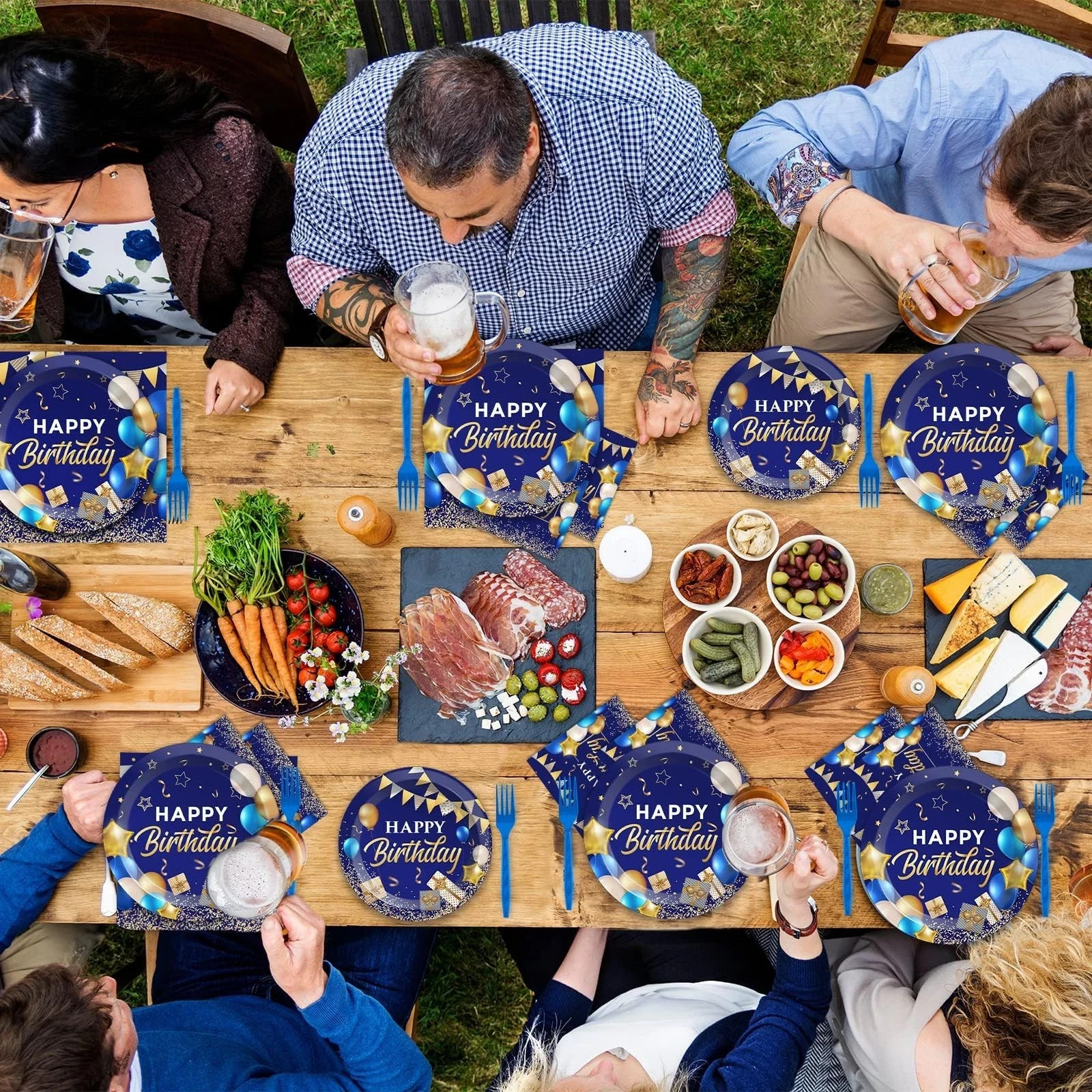 50 Guest Blue & Gold Birthday Party Plates, Napkins & Tableware Set – 200 PCS