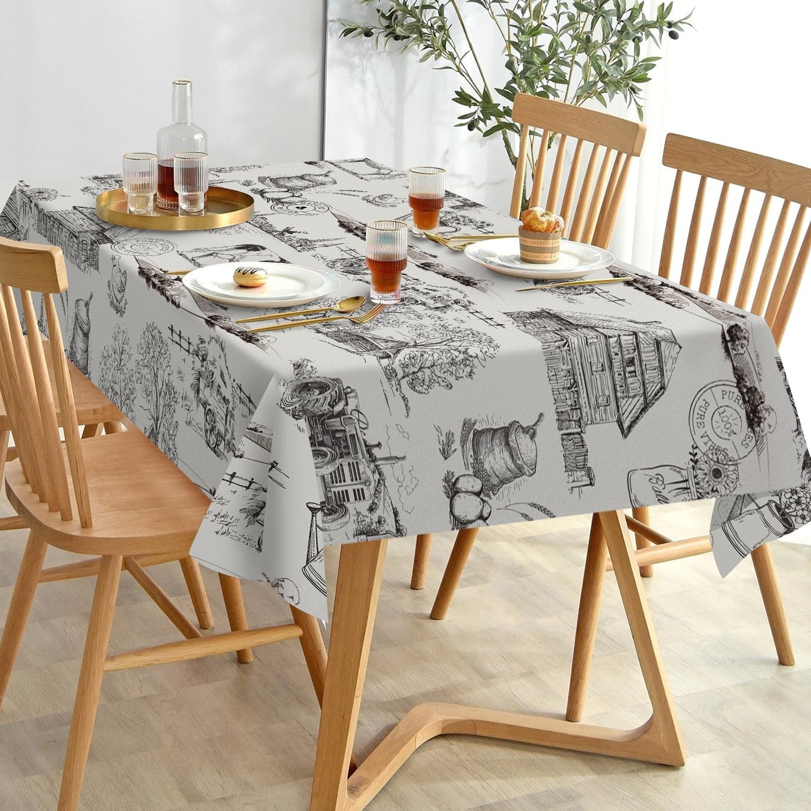 Livcoz Vintage Farm Animals Sketch Rectangle Tablecloth 60 x 84 Inches, Farmhous