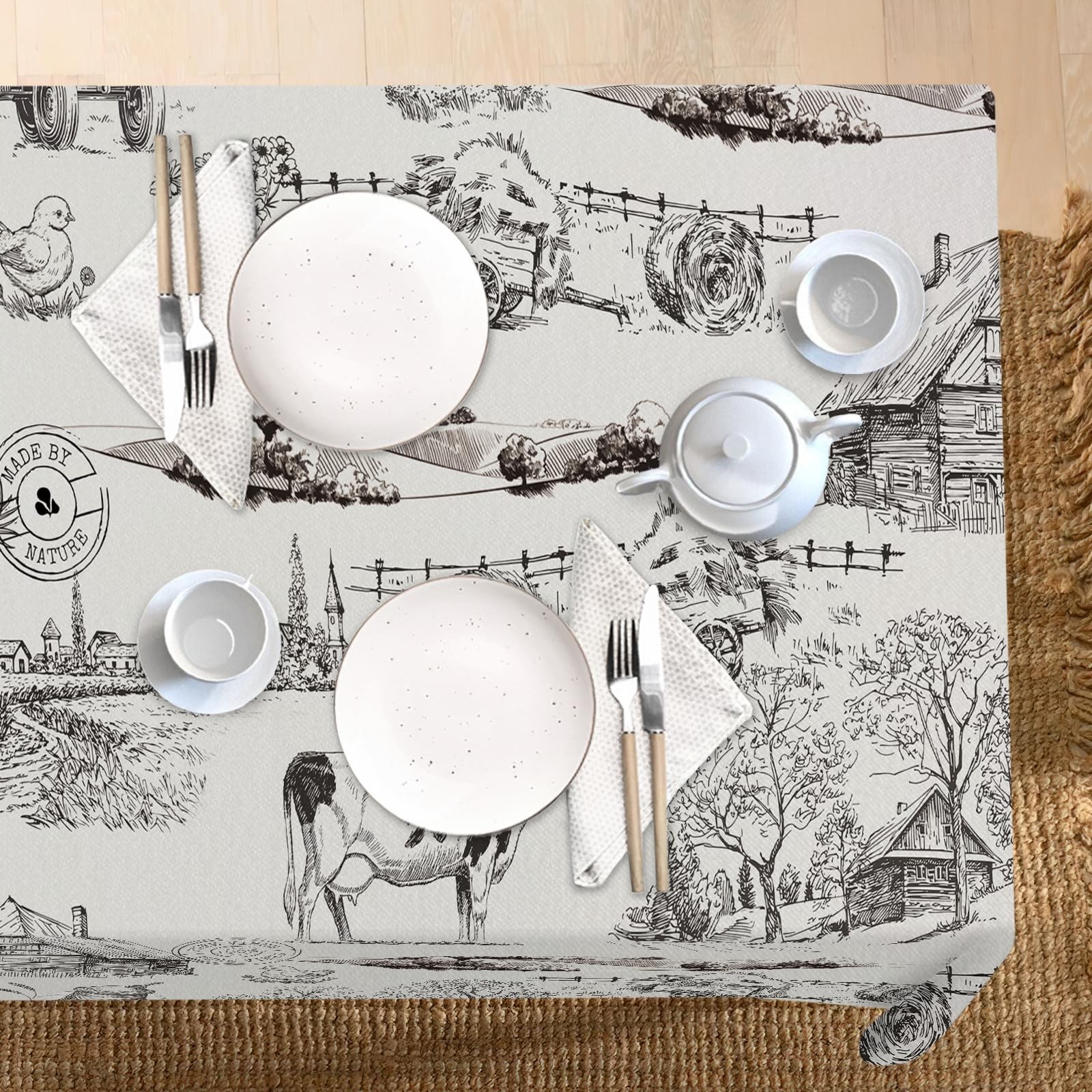 Livcoz Vintage Farm Animals Sketch Rectangle Tablecloth 60 x 84 Inches, Farmhous