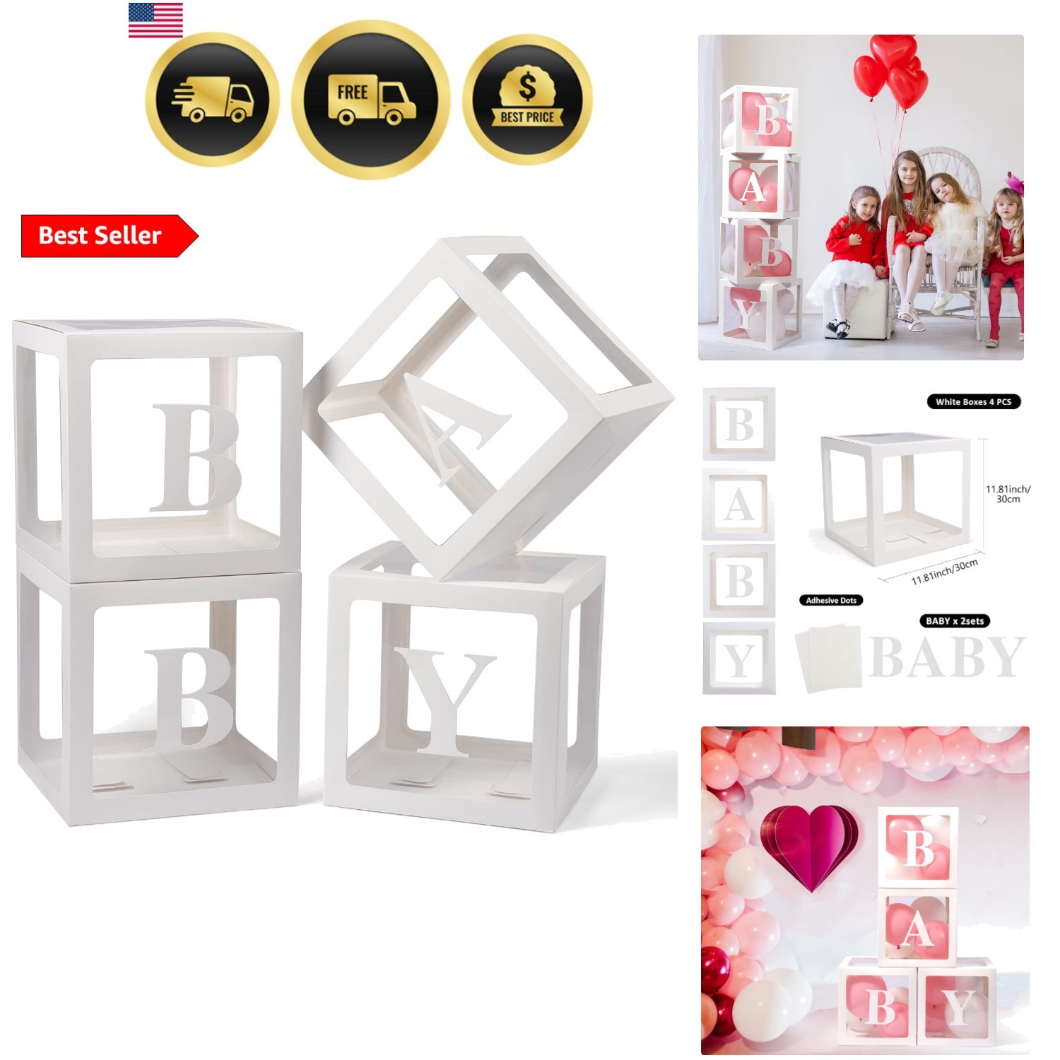 Baby Boxes with Letters, 4 Transparent Balloon for Gender Reveal Birthday Wed…