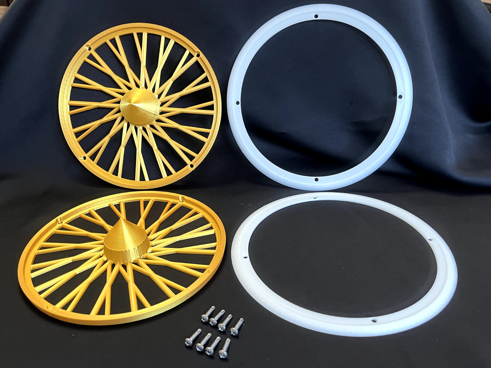 3D Printed Dayton Spoke Trash Can Rims Wheel Covers Whitewall Gold or Silver Set