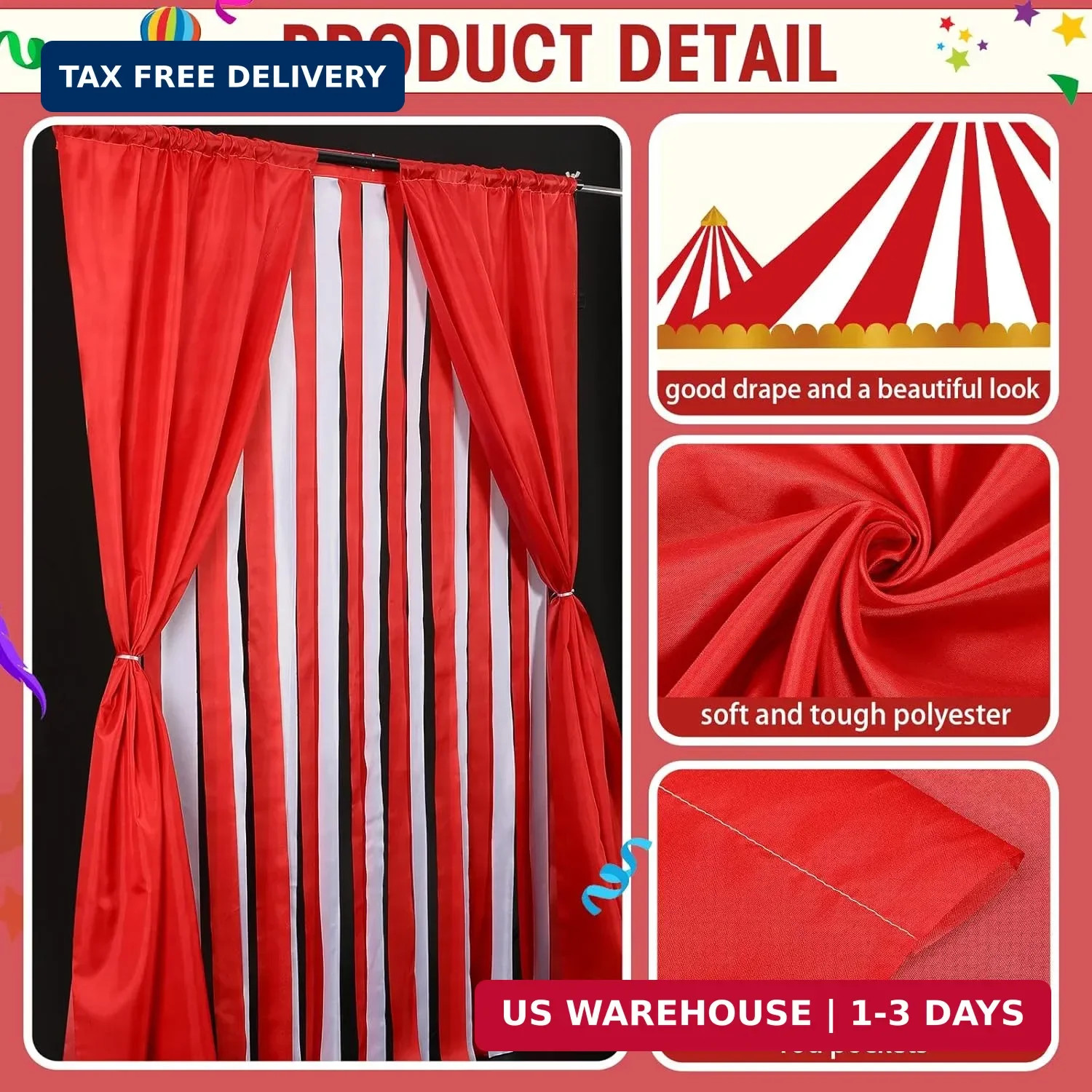 Tingjoo 4 Pcs Carnival Circus Party Decorations Backdrops Red and White Striped