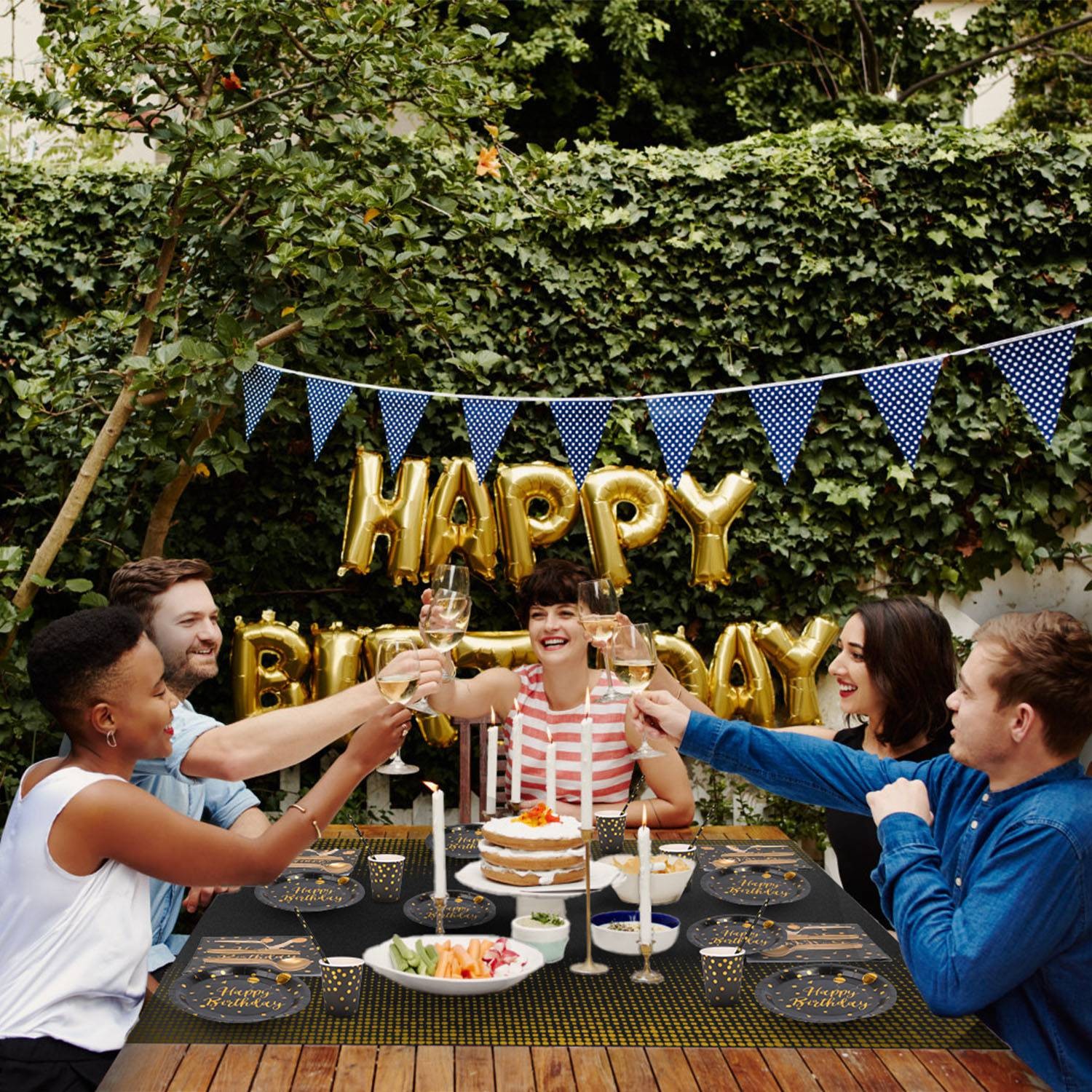 201‑Piece Black & Gold Birthday Party Set | Plates, Cups, Cutlery & Napkins for