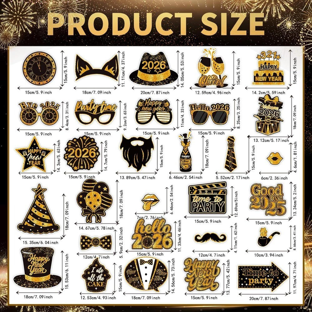 New Years Photo Booth Props 2026, Pack of 30 Black and Gold NYE Photo Props for