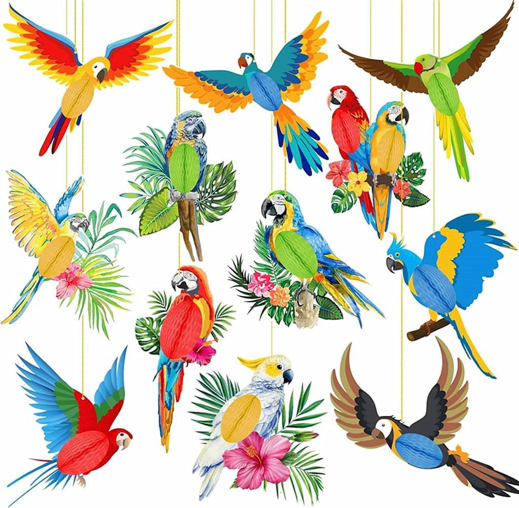 Tropical Birds Honeycomb Parrot Paper 3D Cutouts Hanging Ornaments Hawaiian Them