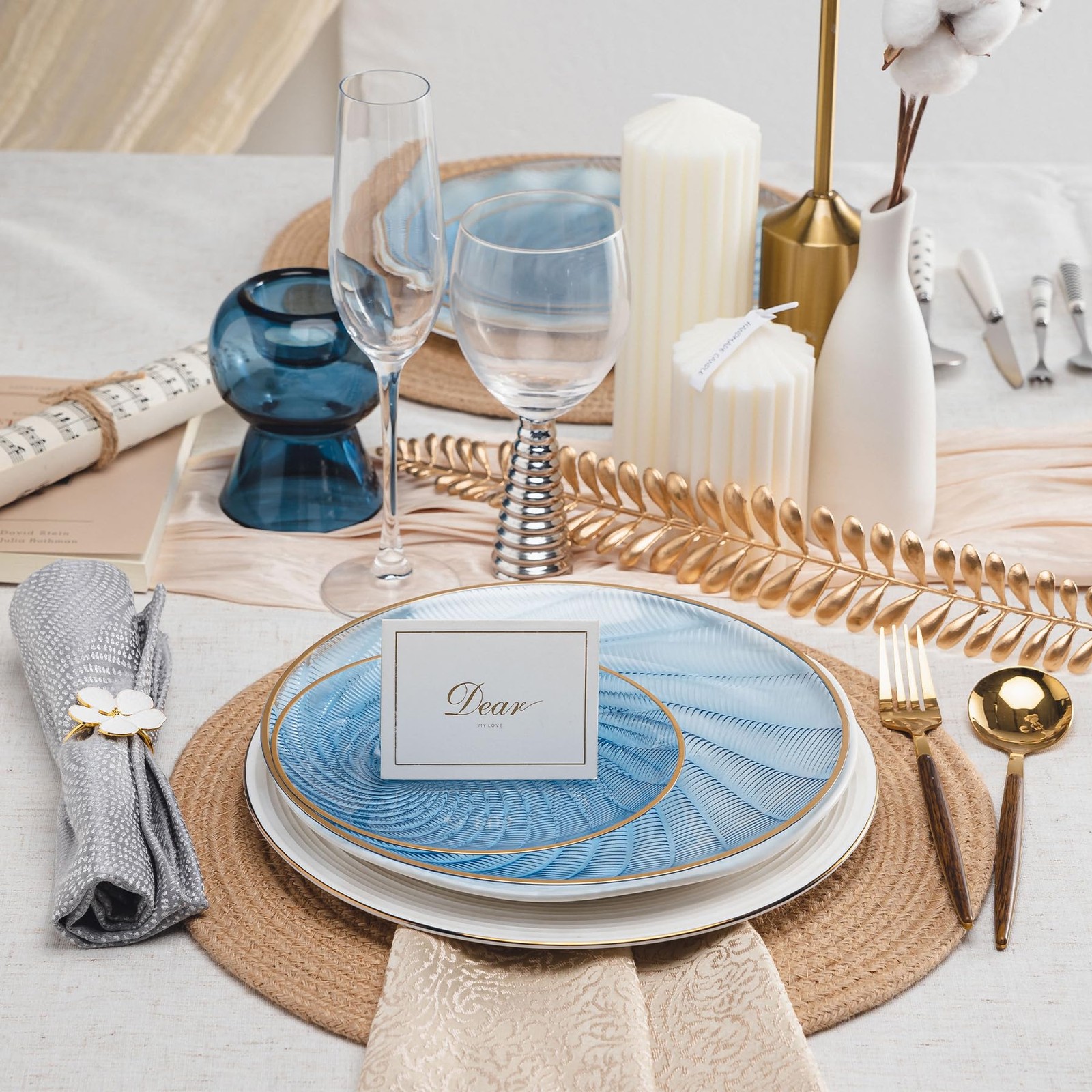 60PCS Blue Plastic Plates for Party, Heavy Duty Disposable Plate with Gold Ri…