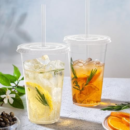 100 Pack – Clear Plastic Cups with Lids and Straws, Sturdy & Food 20 oz 100.0