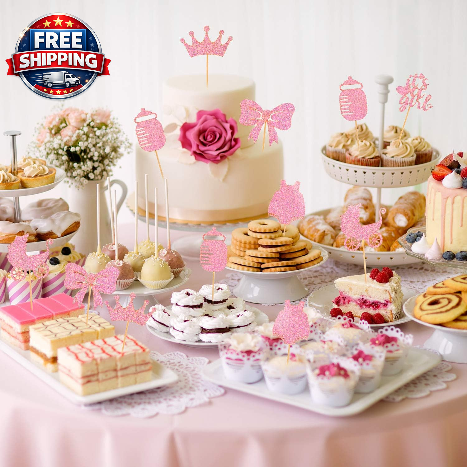 48 Pieces Baby Shower Cupcake Toppers for Girls Glitter Pink Baby Girl Food Pick