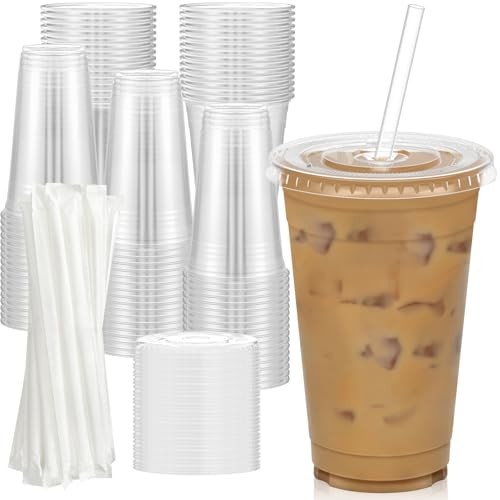 100 Pack – Clear Plastic Cups with Lids and Straws, Sturdy & Food 20 oz 100.0