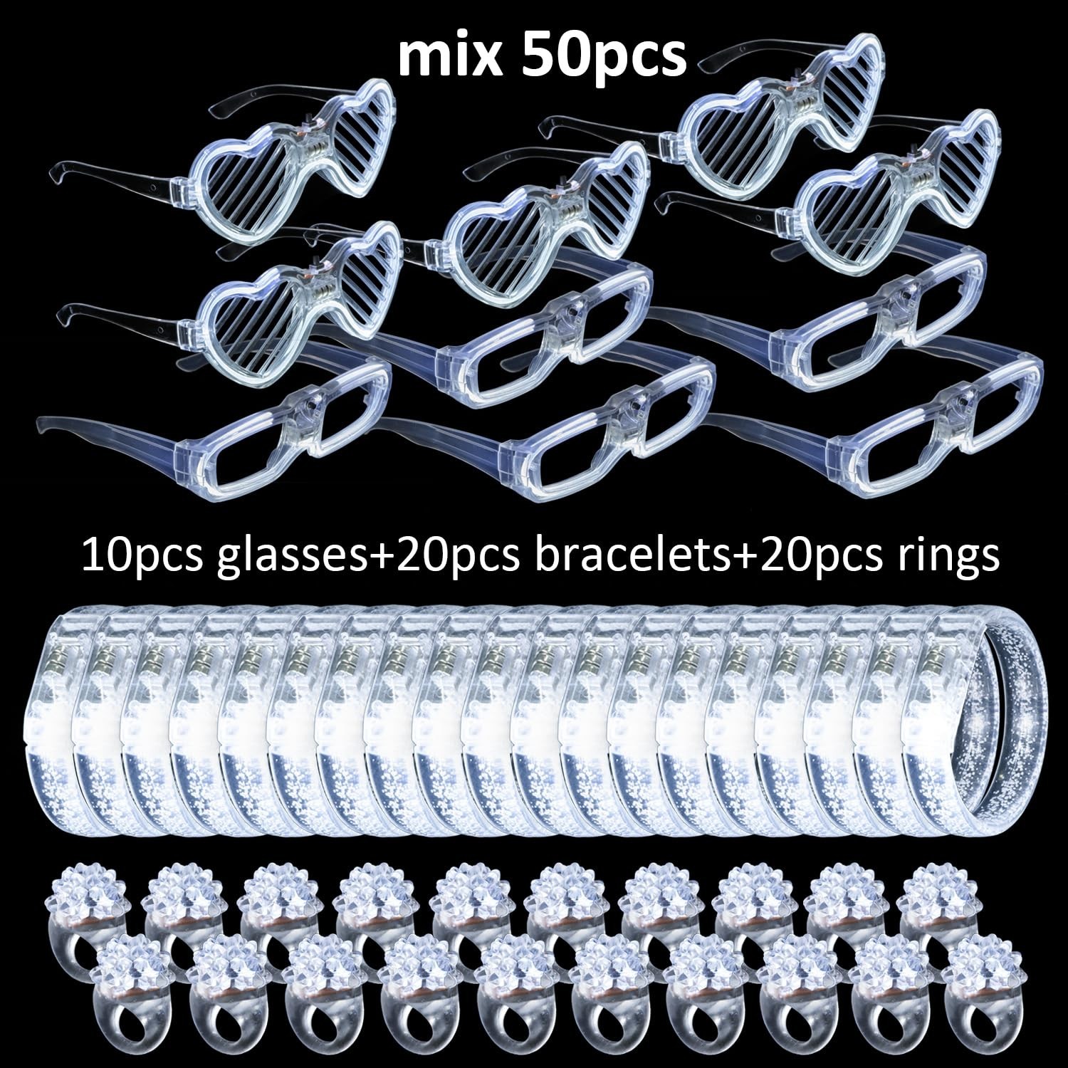 50Pcs Wedding Party Supplies Set – LED Flashing Glasses, Light Up Bracelets & Ri