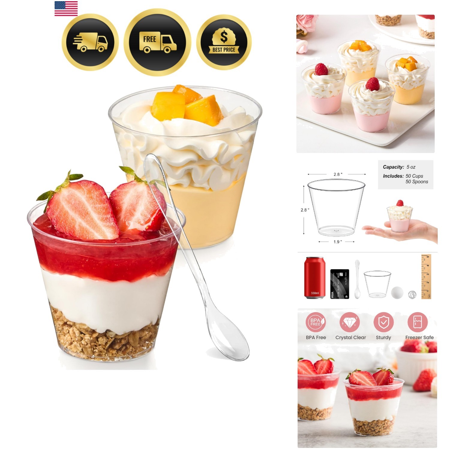 50 Pack 5 oz Plastic Dessert Cups with Spoons, Mini Mousse Cup Round Pudding …