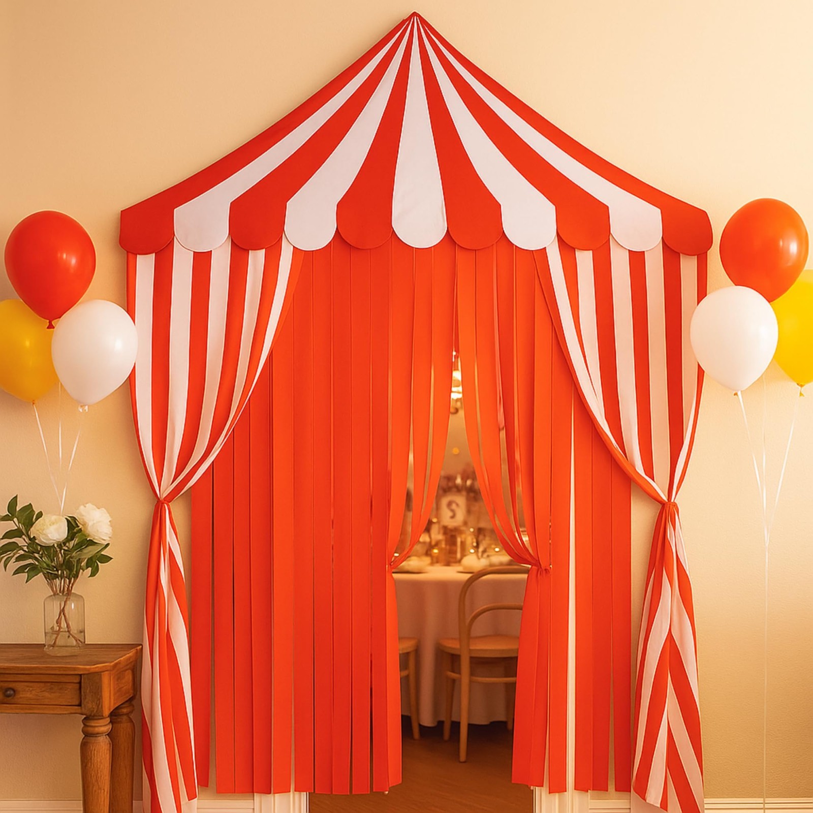 4-Piece Carnival Circus Decor Set – Red Striped Tent Canopy & Curtains for Party