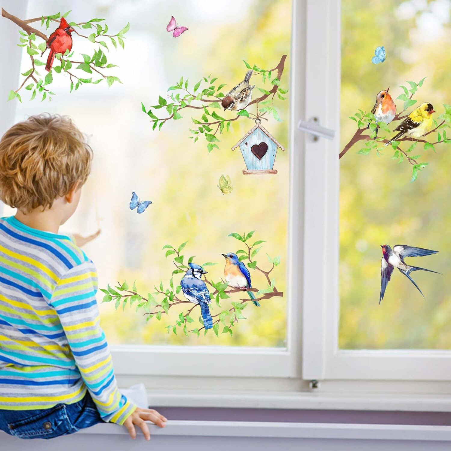 Yovkky Spring Summer Birds Branches Window Clings 4 Sheets, Cardinal Bird