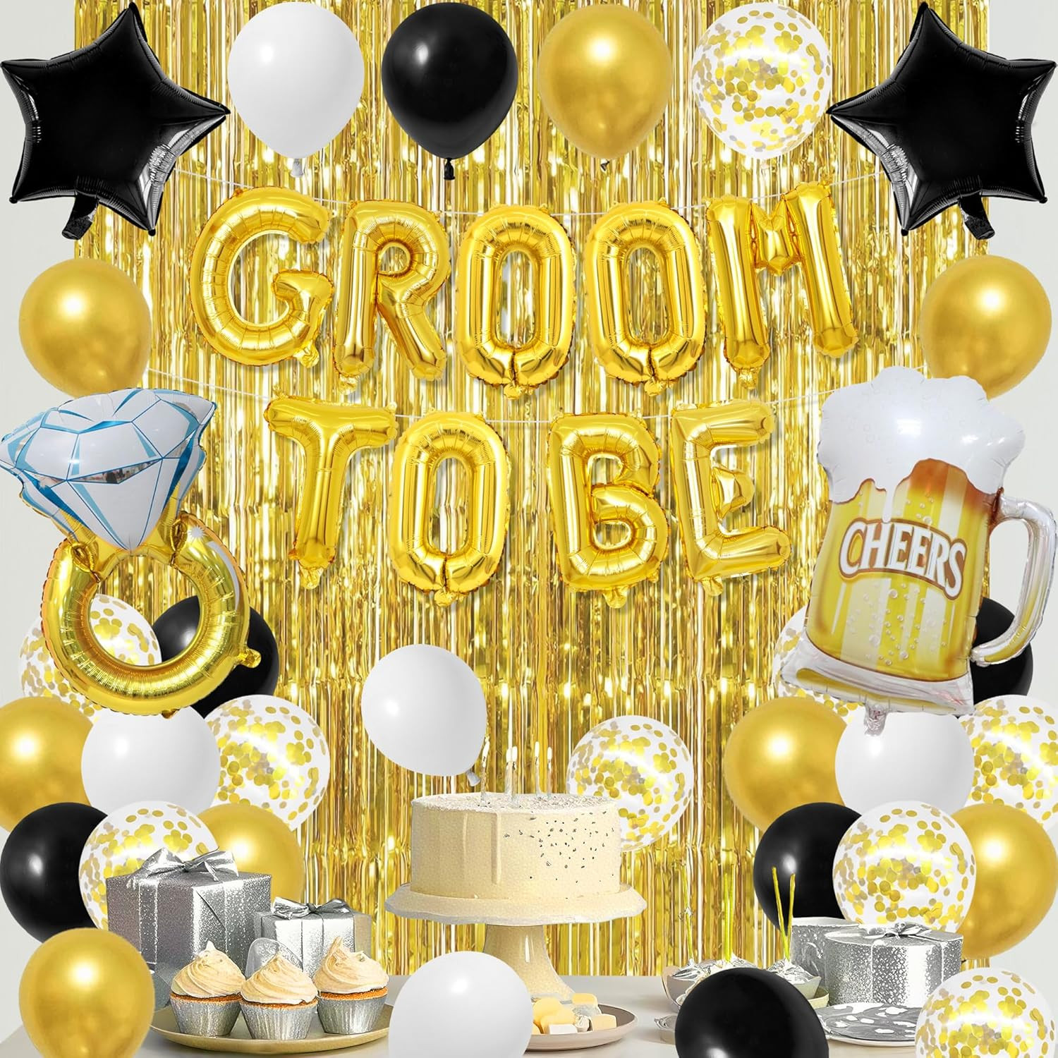 Gold Bachelor Party Decorations for Men, Groom to Be Banner Fringe Curtains, Gro