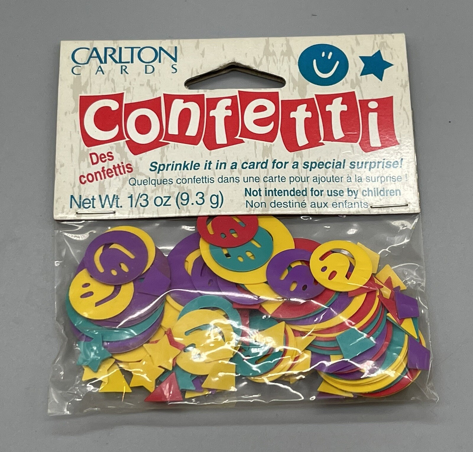 Vintage Carlton Cards Smiley Face Shaped Confetti 1/3 oz bag Multi Color Rainbow