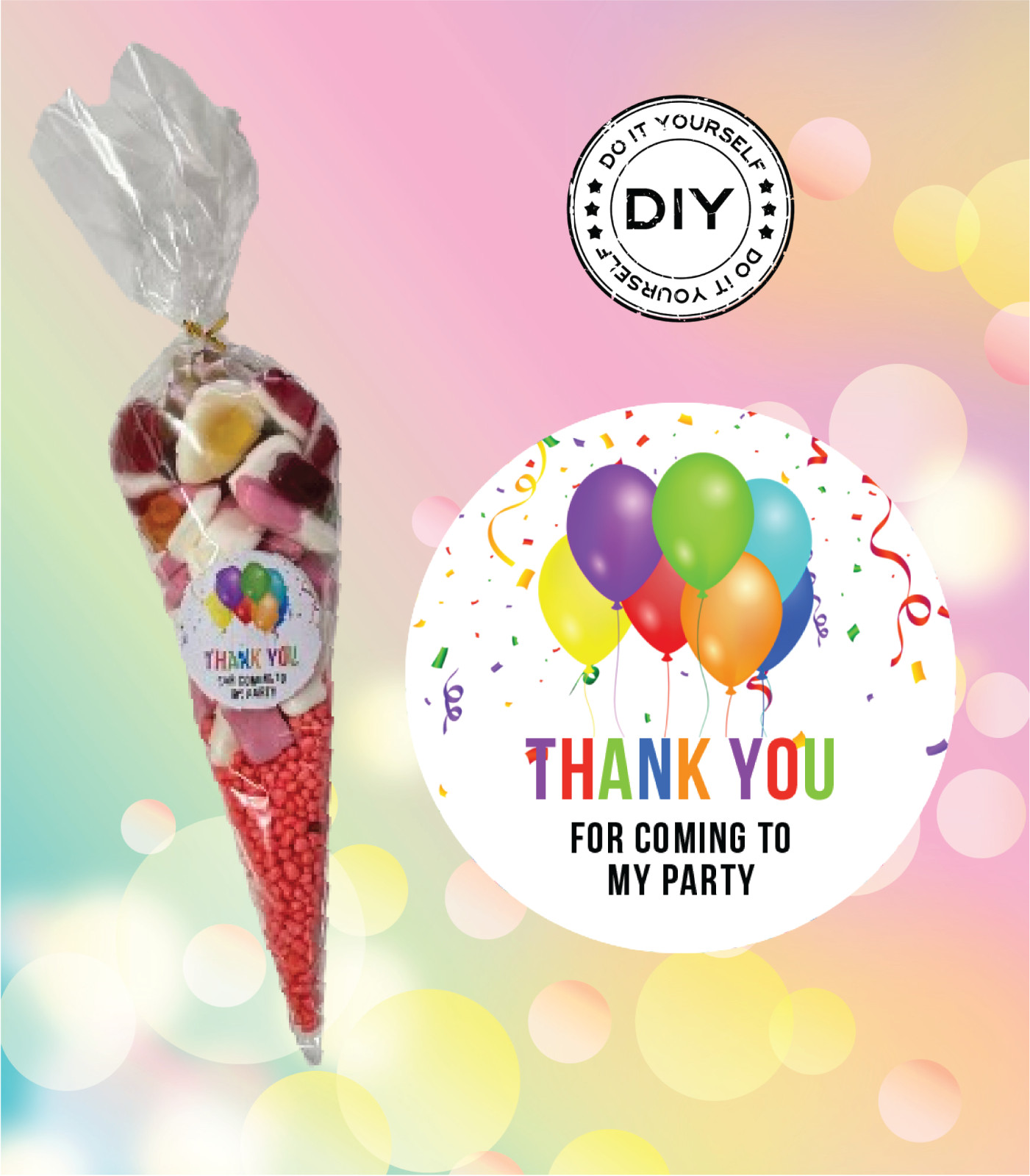 24 DIY Sweet Cone Party Bag With Thank You Stickers Included Balloon Design