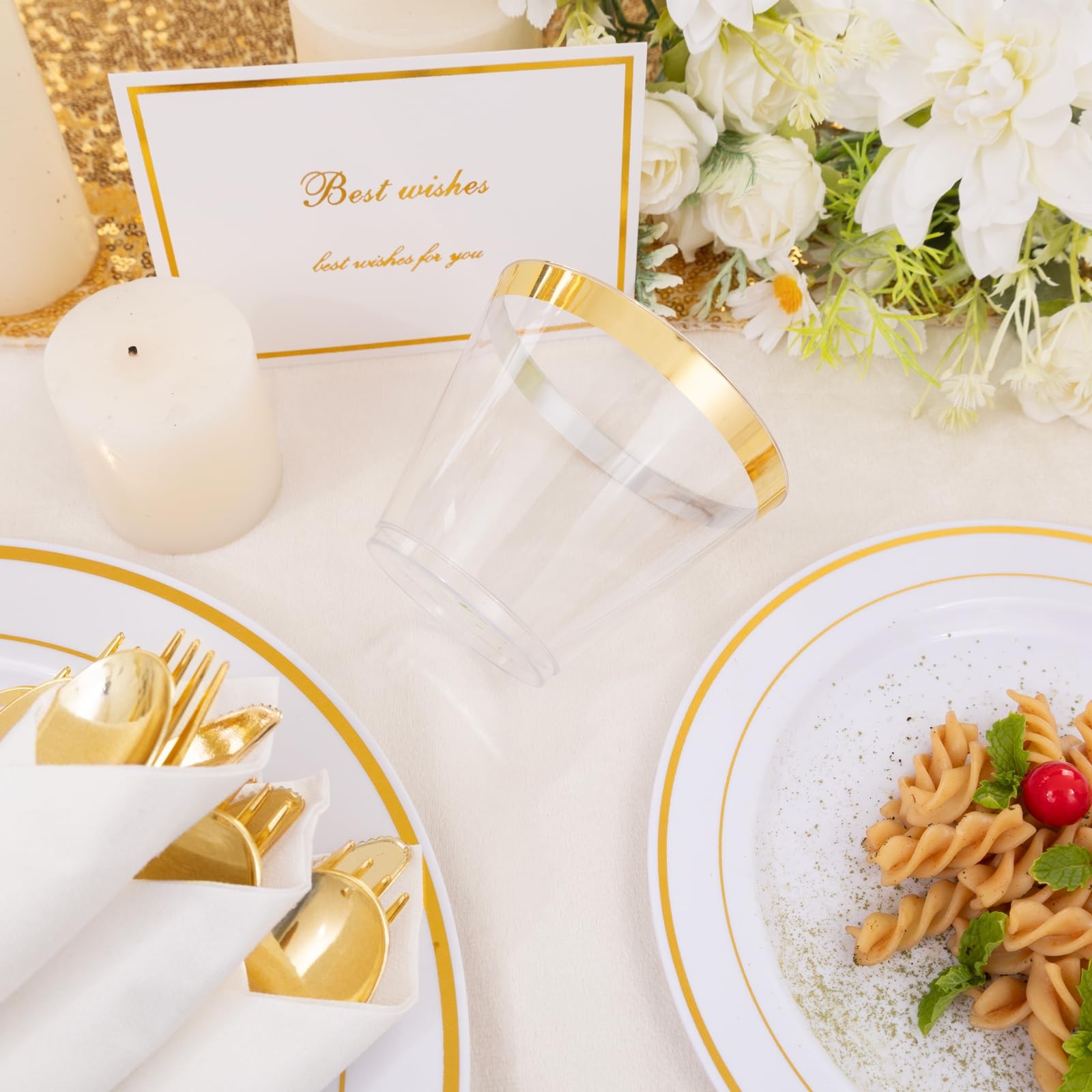 350PCS Gold Plastic Dinnerware Set for 50 Guests, Fancy Disposable Plates for…