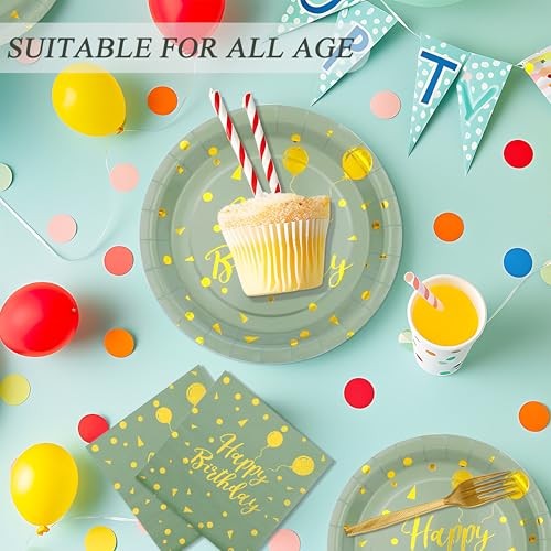 72PCS Happy Birthday Paper Plates – and Gold Tableware Set Include Sage Green