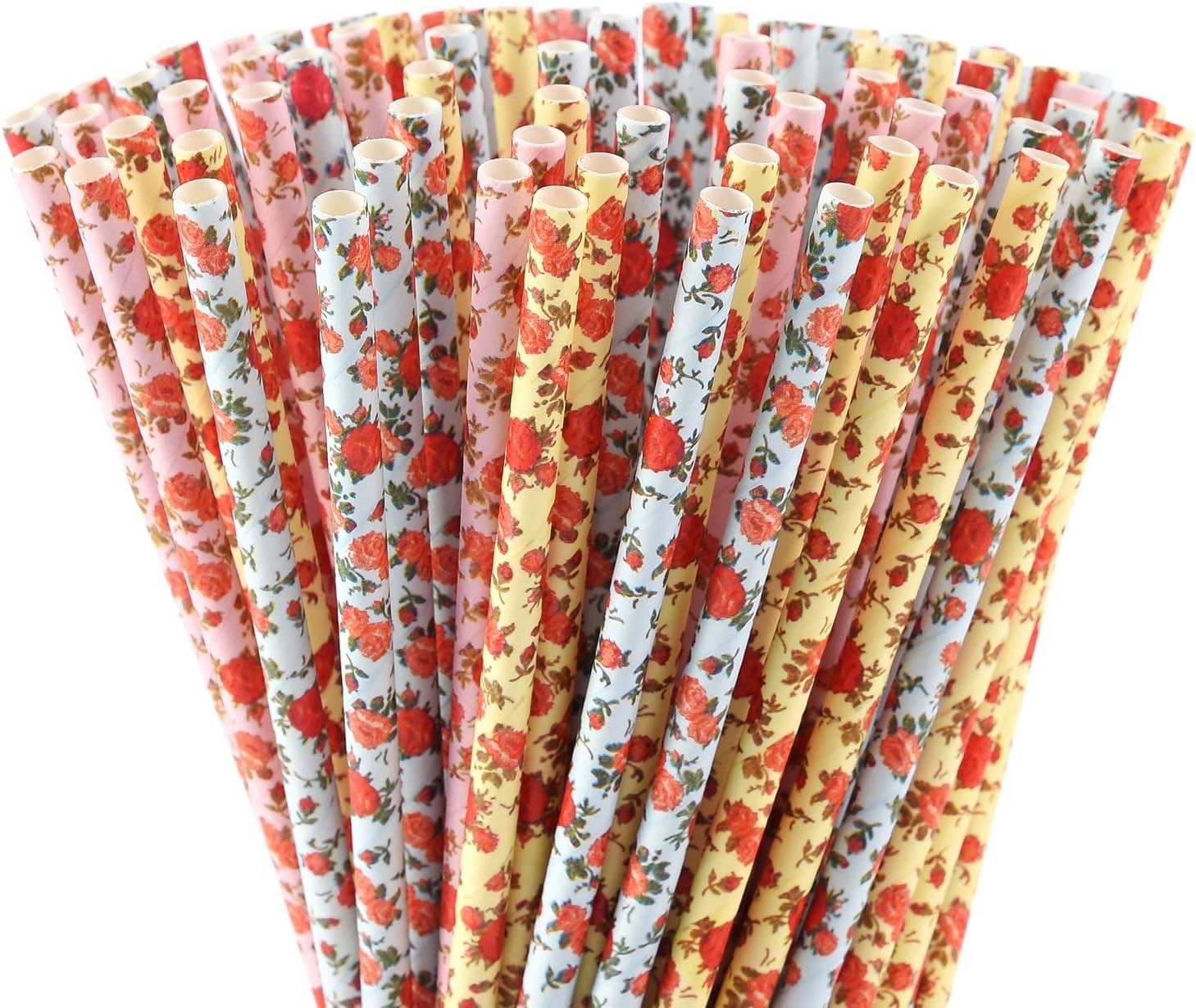 ALINK Floral Paper Straws, Biodegradable 7.75×0.25 Inch (Pack of 100),