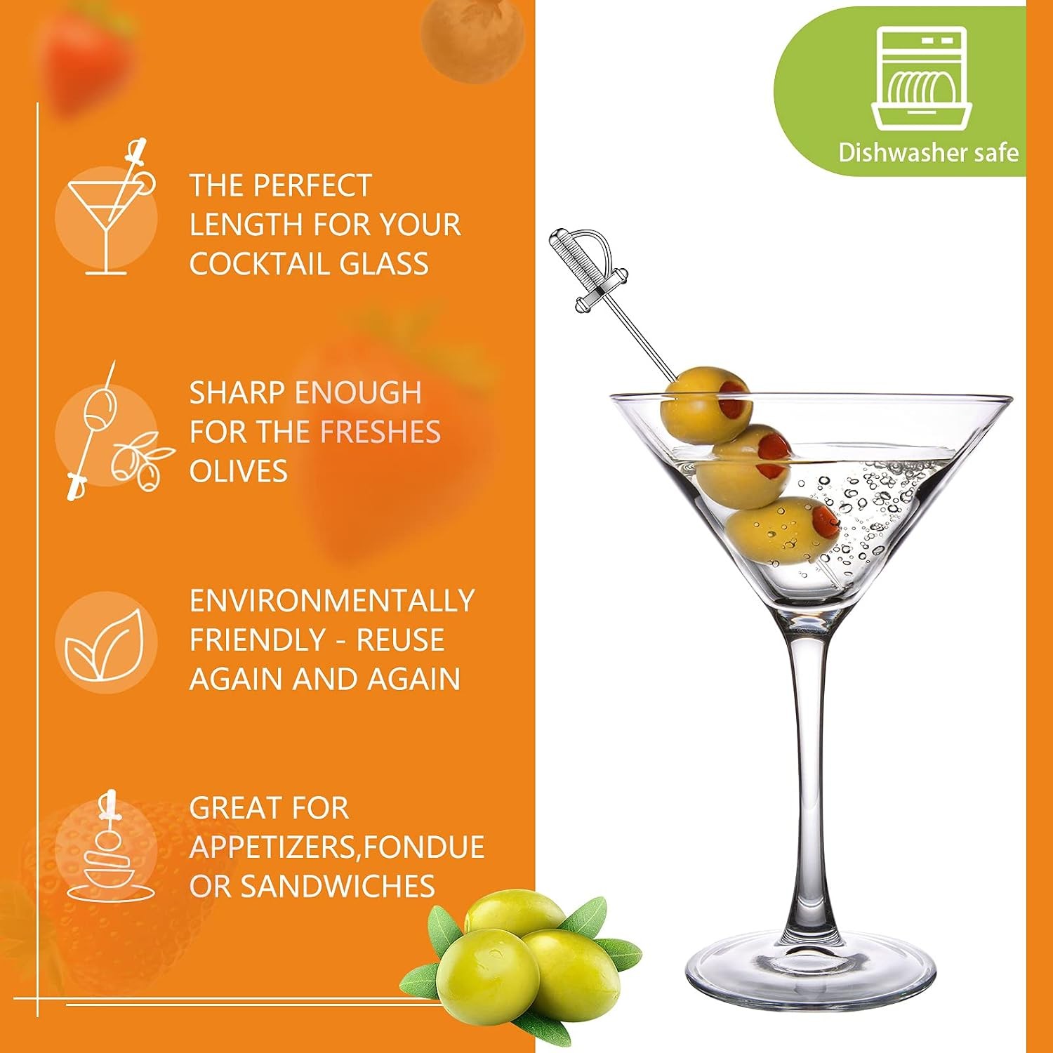 10 Pieces Stainless Steel Cocktail Picks Toothpicks 4.3 Inch Sword Metal Martini