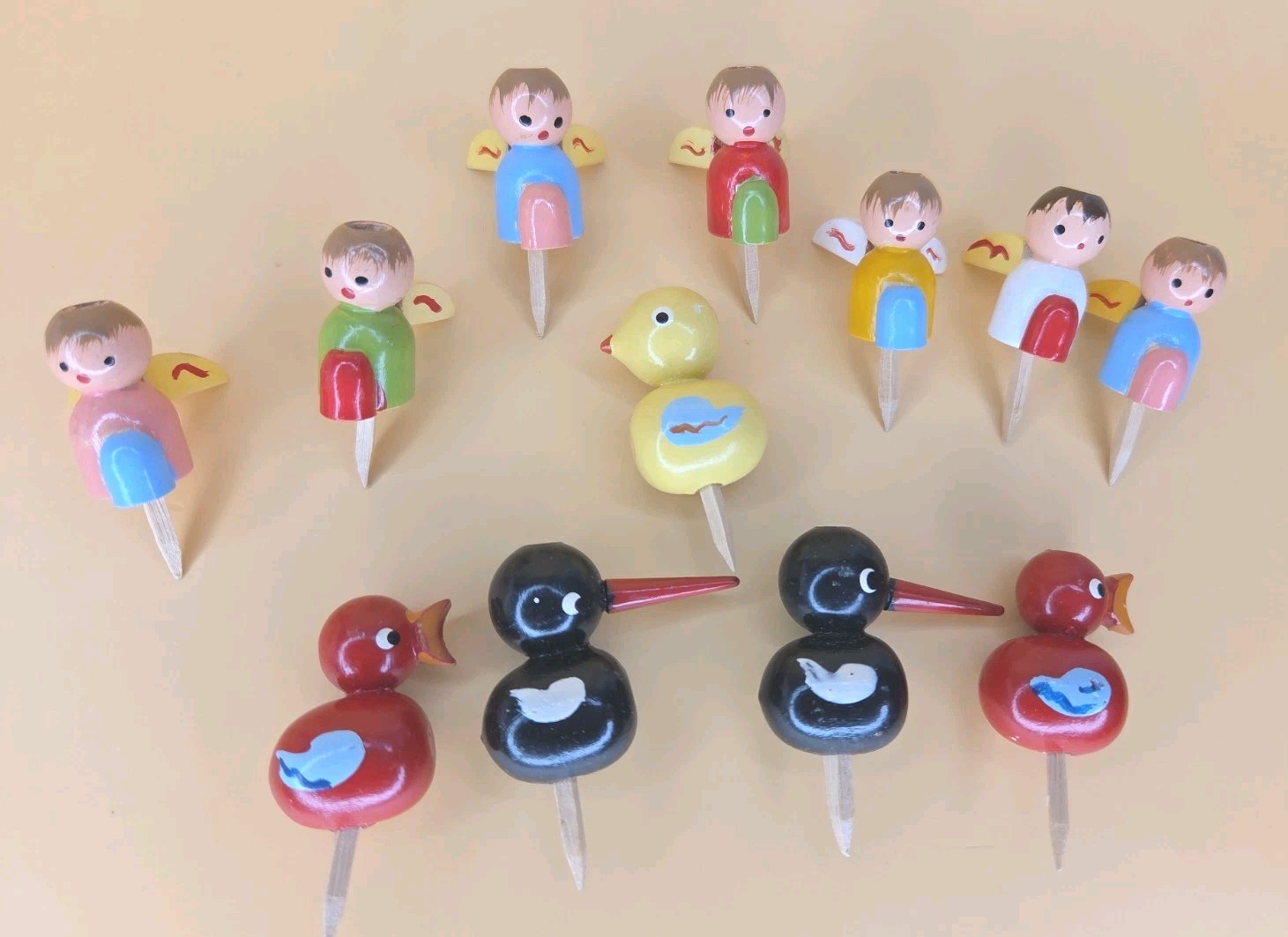 Vintage Lot Of 12 Wooden Italy Cake Topper Picks Angels And Birds