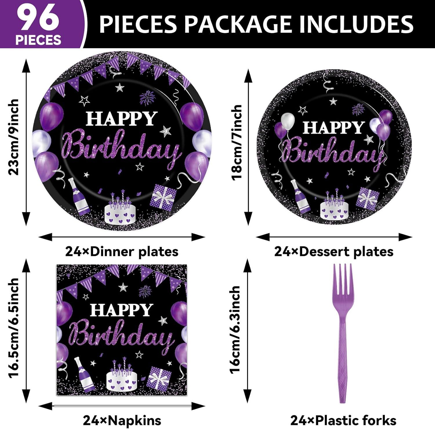 96Pcs Purple Birthday Party Supplies Purple and Black Paper Plates Napkins Happy