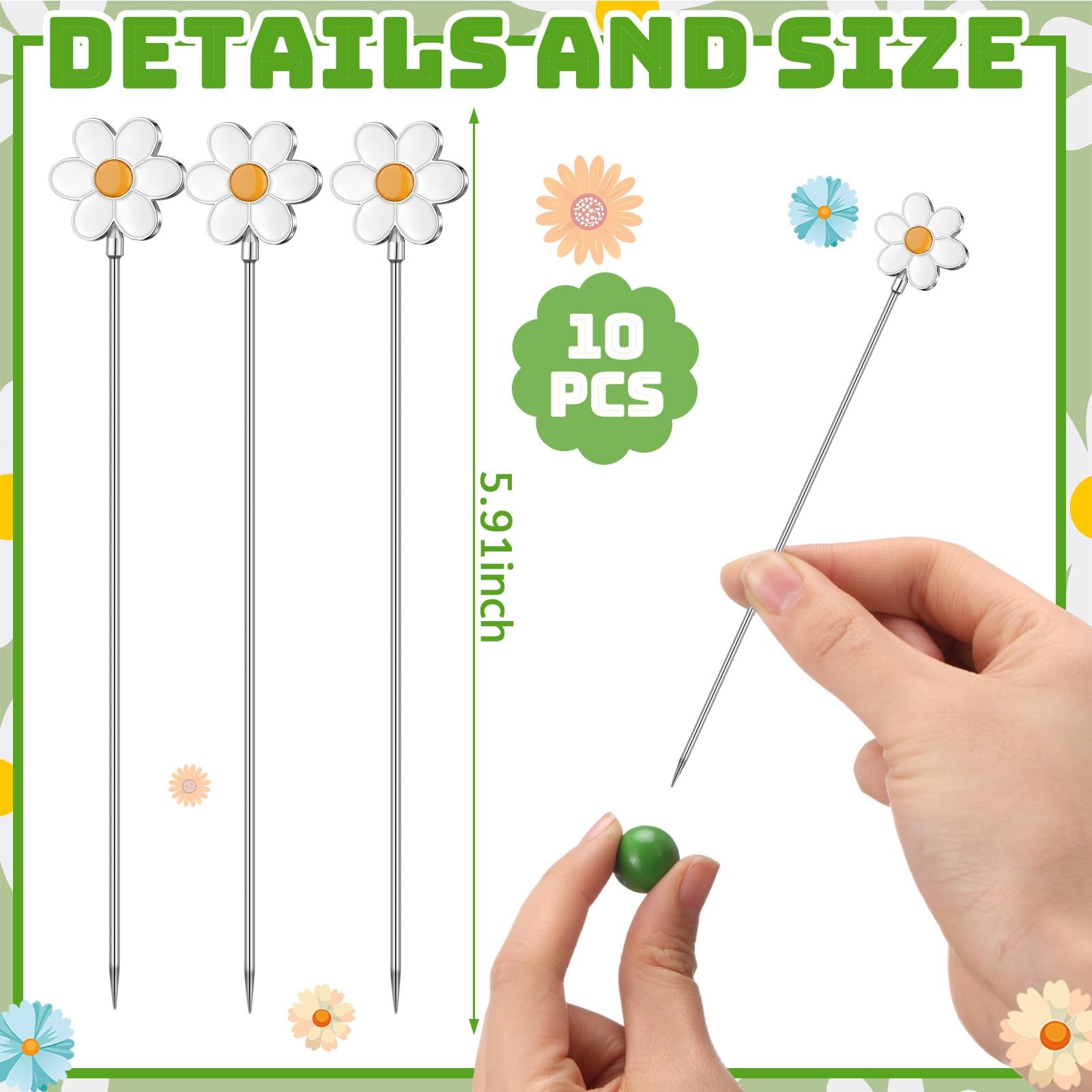 10 PCS Metal Daisy Cocktail Picks 4.7 Inch Toothpicks Appetizers Fruit Skewer