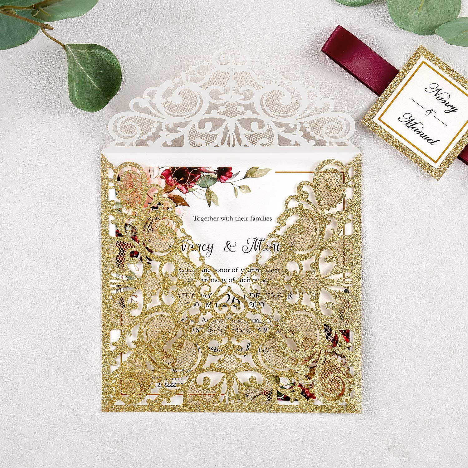 Dreambuilt 6.3 X 6.3 Inch 50Pcs Blank Dark Gold Glitter Laser Cut Wedding