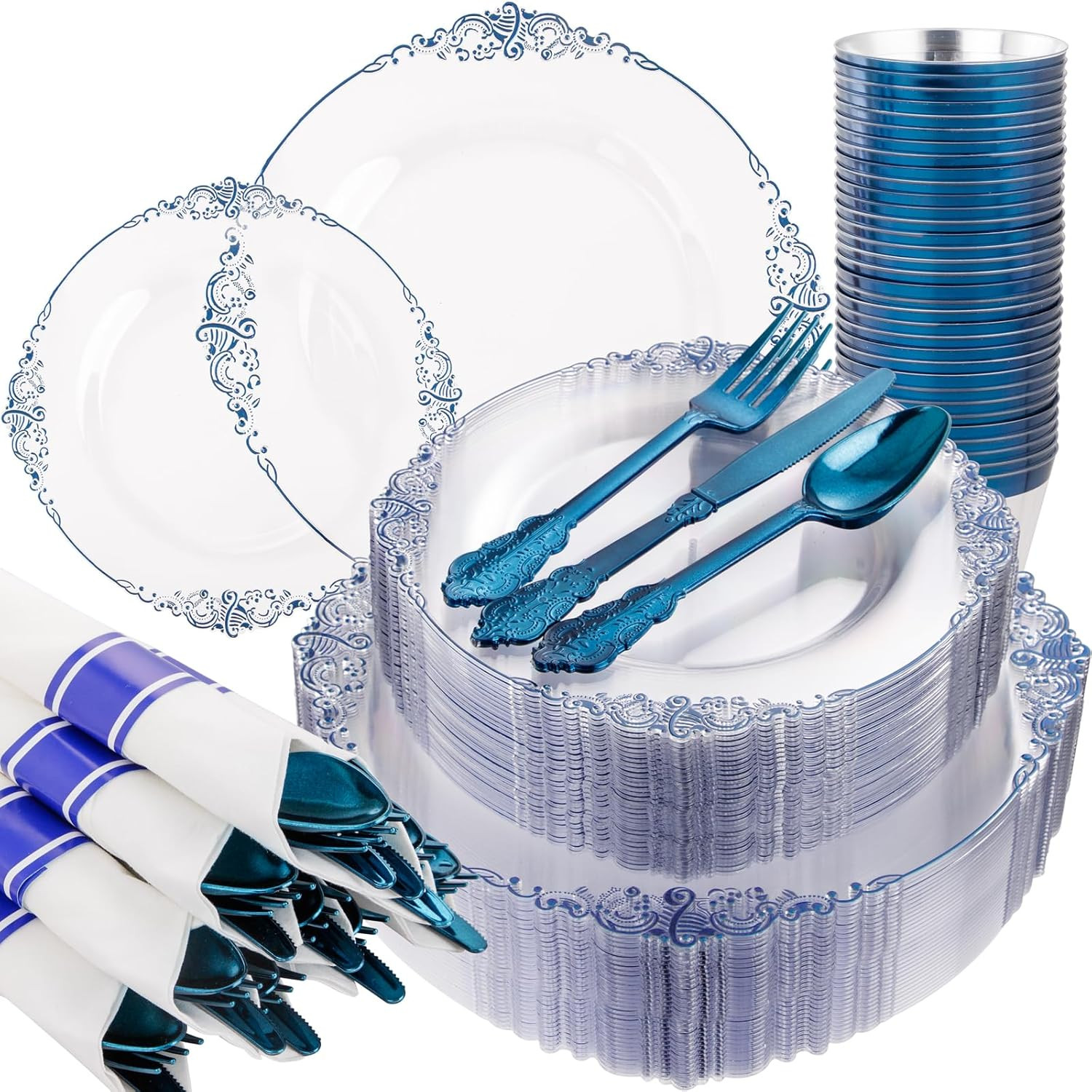 350PCS Blue Disposable Party Set for 50 Guests – Plates, Cups, Cutlery & Napkins