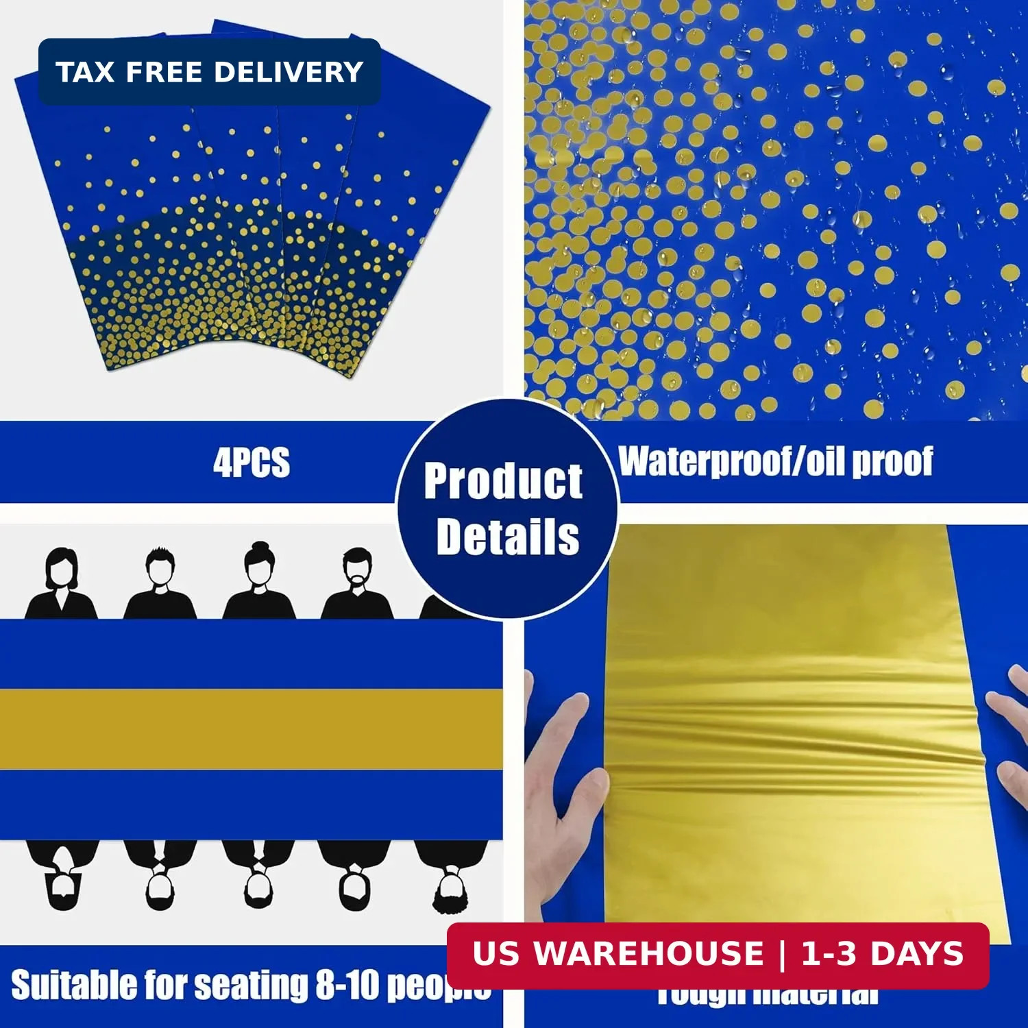 OHOME 4 Pack Disposable Plastic Table Cloths for Parties,Royal Blue and Gold Rec