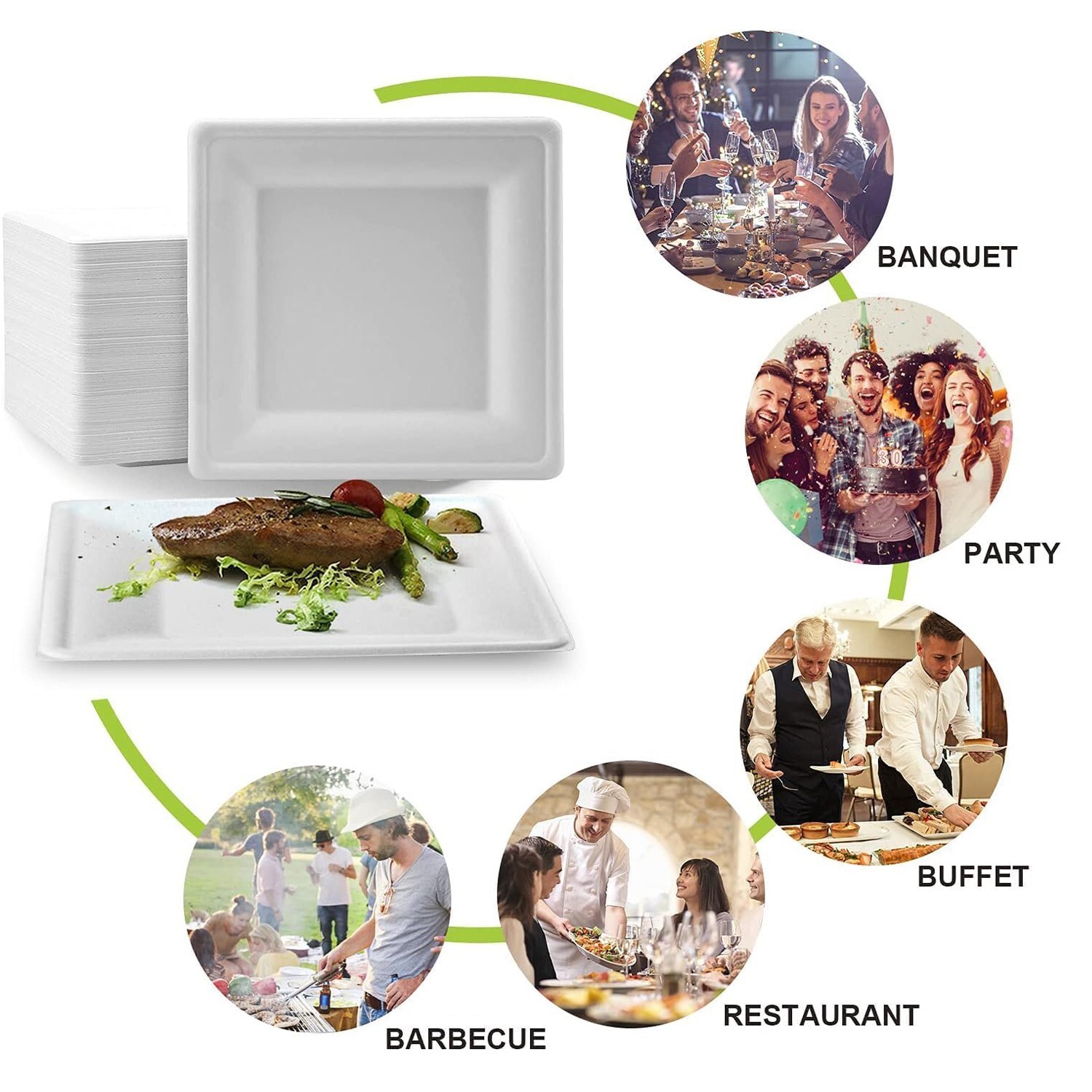 FPN Disposable Plates Square for Party Eco-Friendly Microwave-safe : 6″|8″|10″