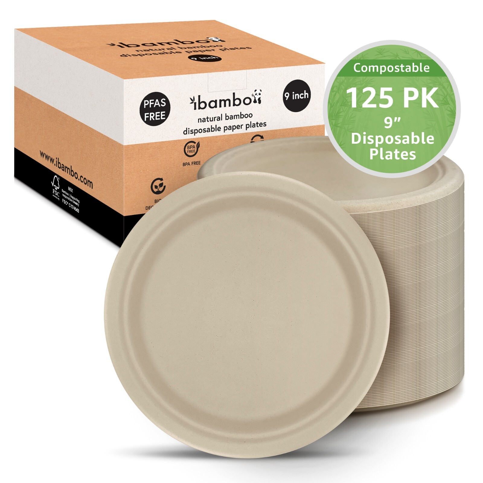 Ibambo Bamboo Disposable Paper Plates – 9 Inch, 125 Pack, Compostable Plates