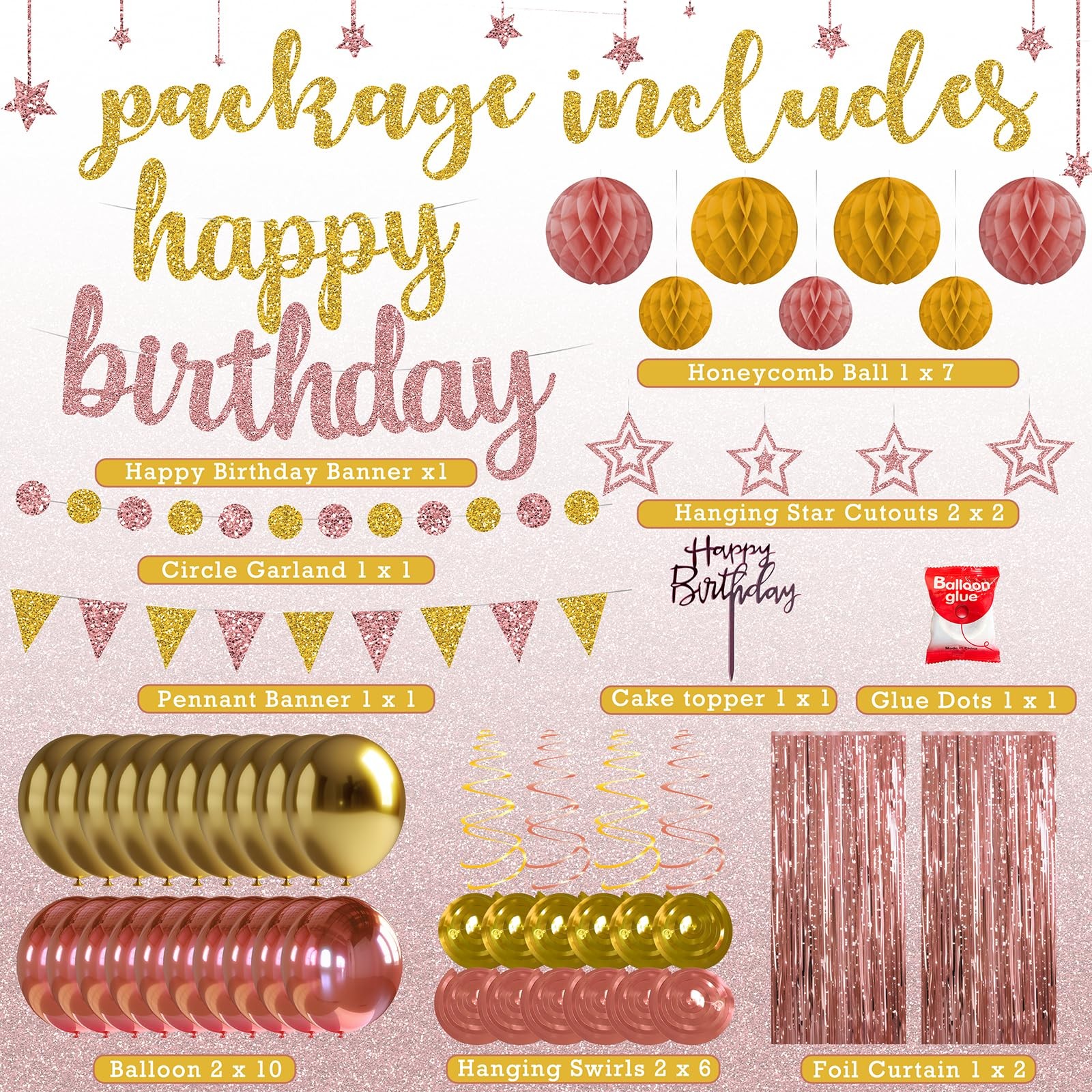 Rose Gold and Gold Birthday Party Decorations Set – Happy Birthday Banner Bal…