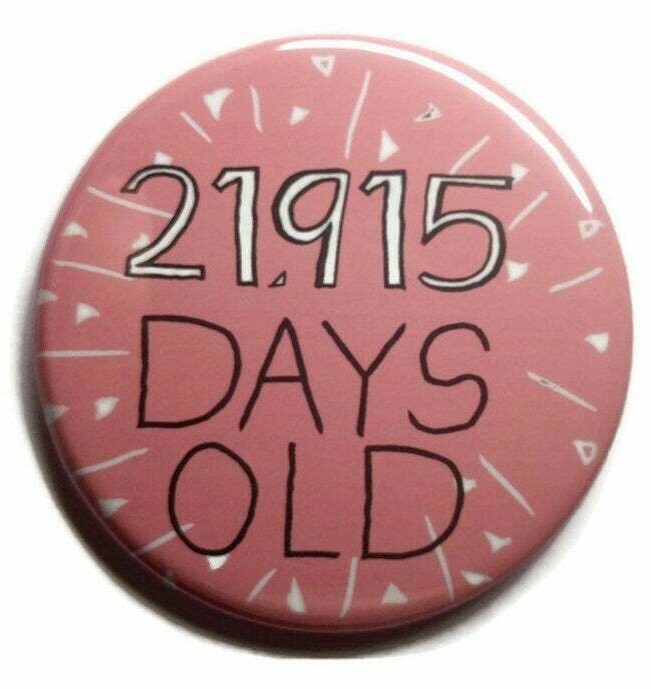 60th birthday badge age number pin sixty age party sixtieth days old pink colour