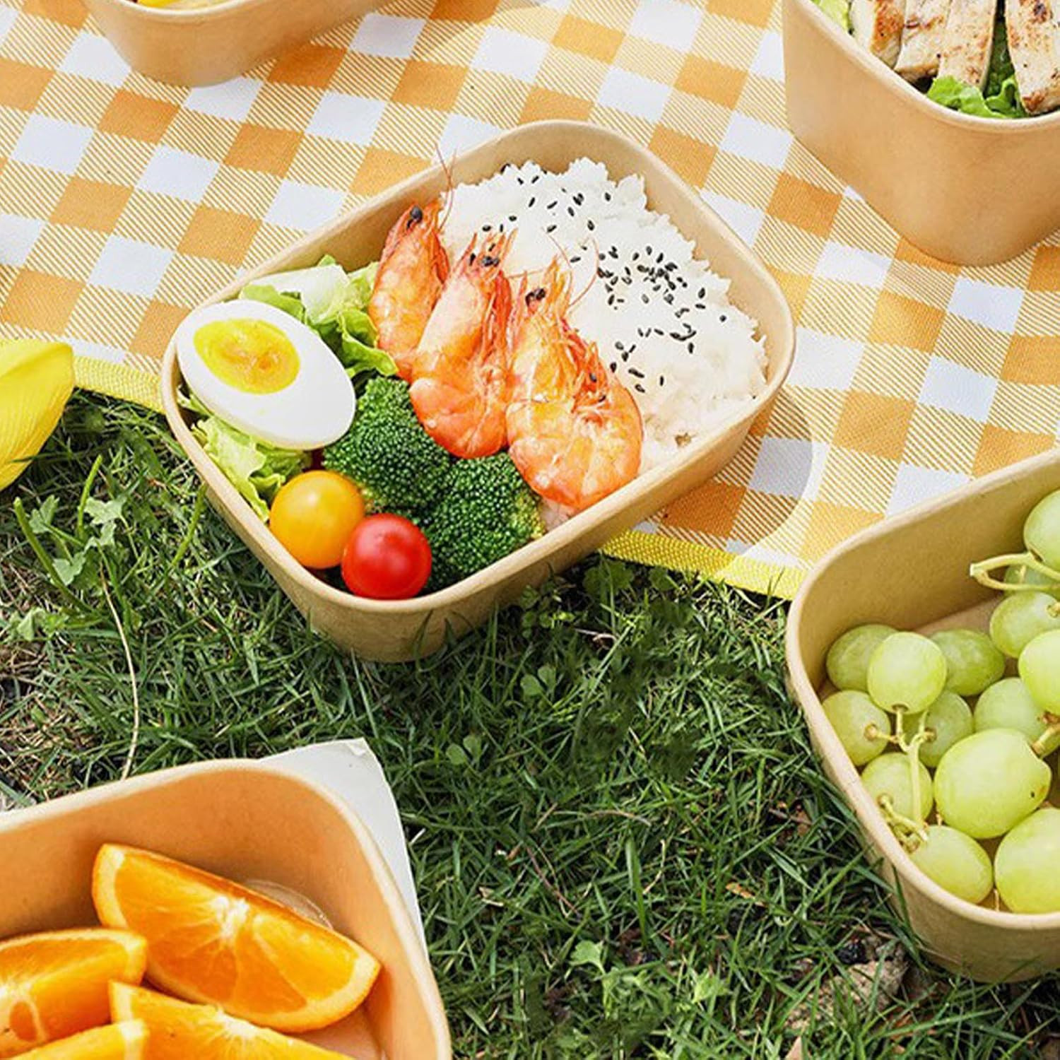 50 Pack 25Oz Kraft Paper Square Bowls, Disposable Take Out Containers with Lids