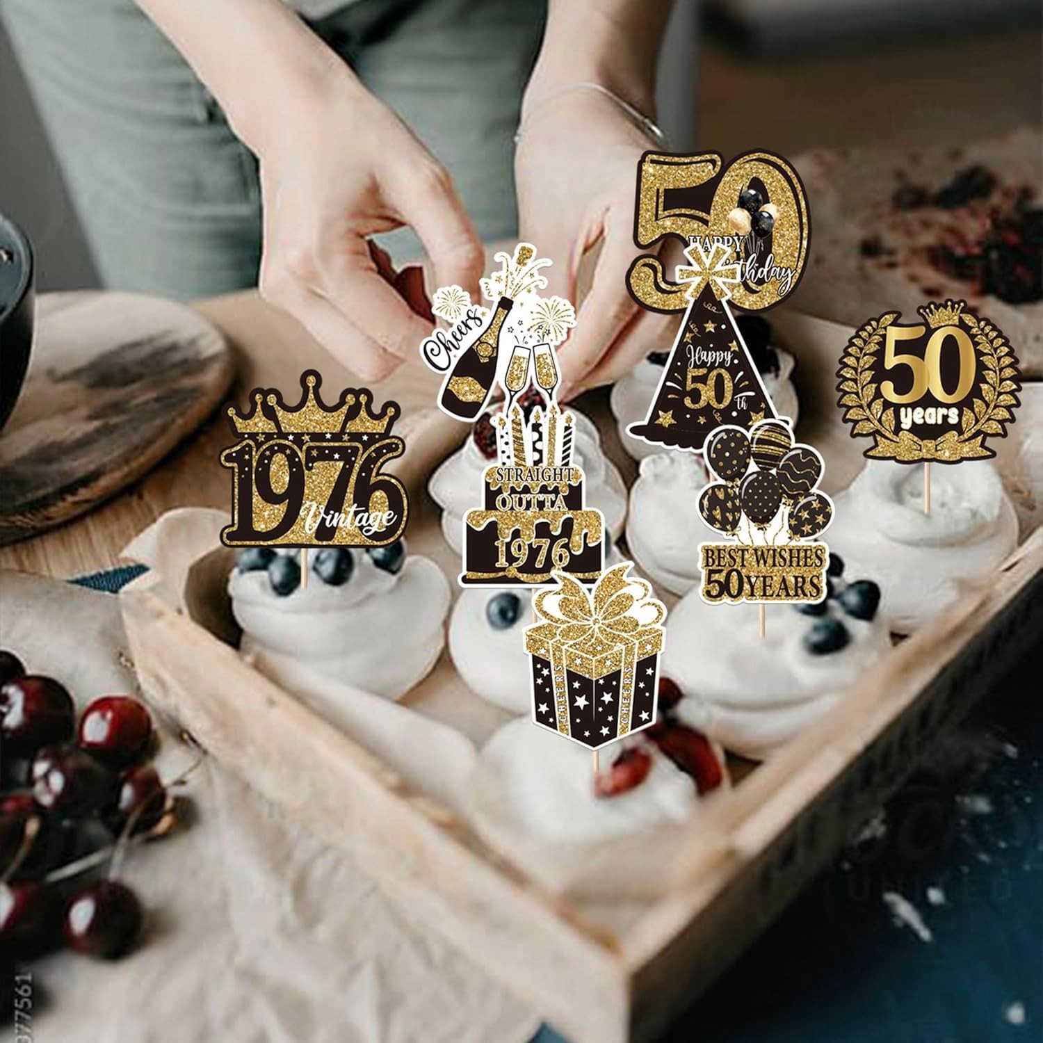 50th Birthday Cupcake Toppers 40 Pack Black Gold Decorations