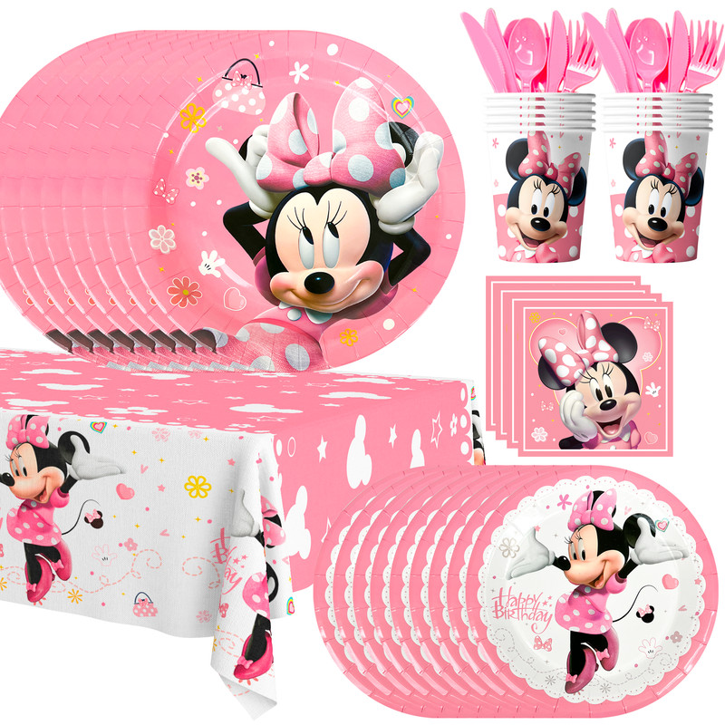 113 Pcs Minnie Mouse Party Decorations Tableware Set Plates Cups Tablecloth