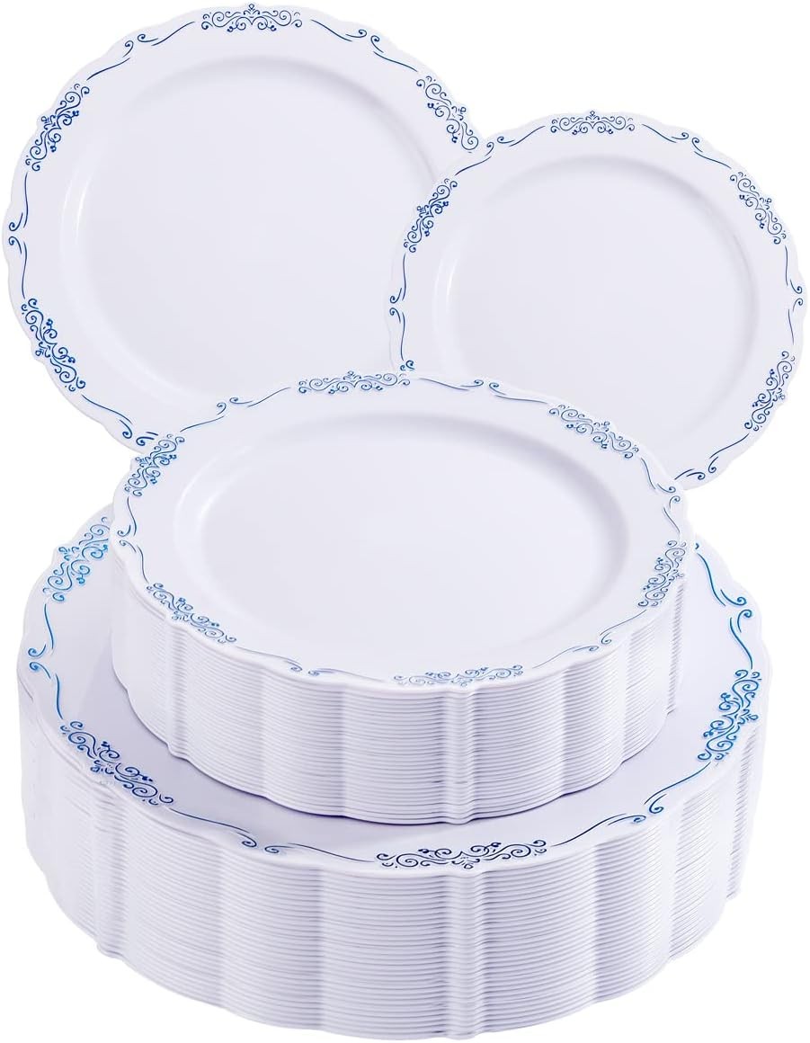 60PCS Blue and White Plastic Plates Blue Rim White Disposable Plates Blue White