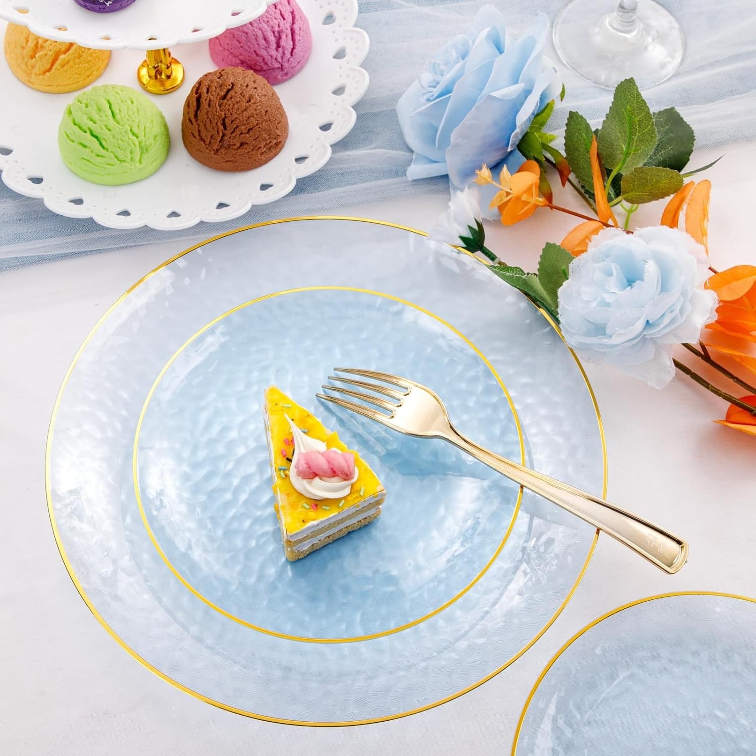 175 Pcs Plastic Dinnerware Set (25 Guests), Blue Disposable Plates With Gold Rim