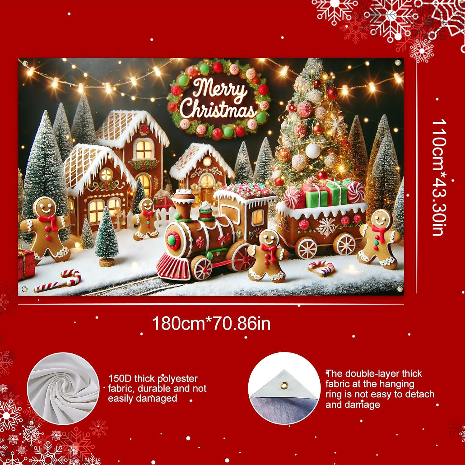 Merry Christmas Gingerbread House Train Banner 71X43 Inch Gingerbread Men Backdr