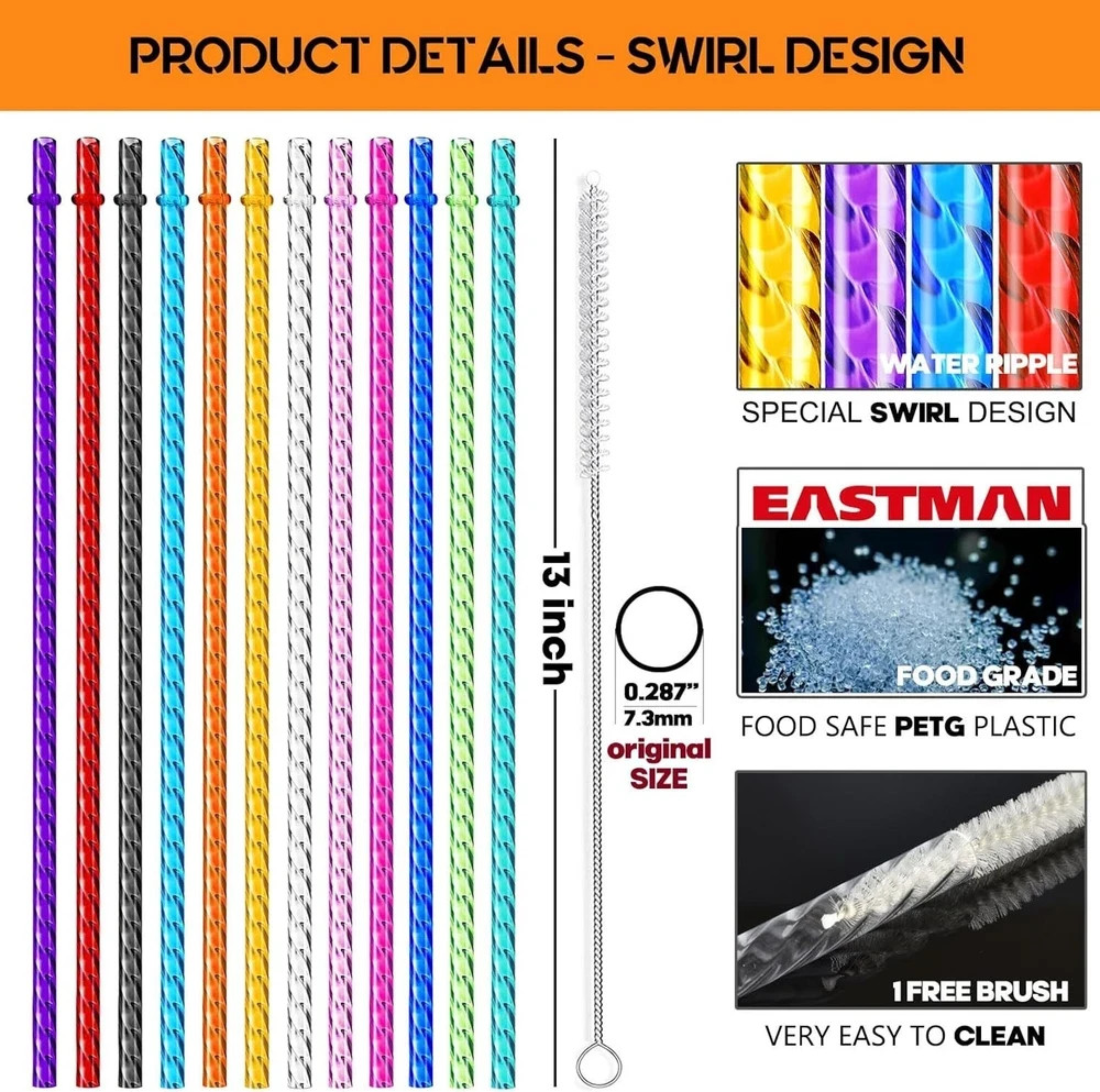 ALINK 12-Pack Reusable Plastic Clear Swirl Straws, 13″ Extra Long Colorful Hard