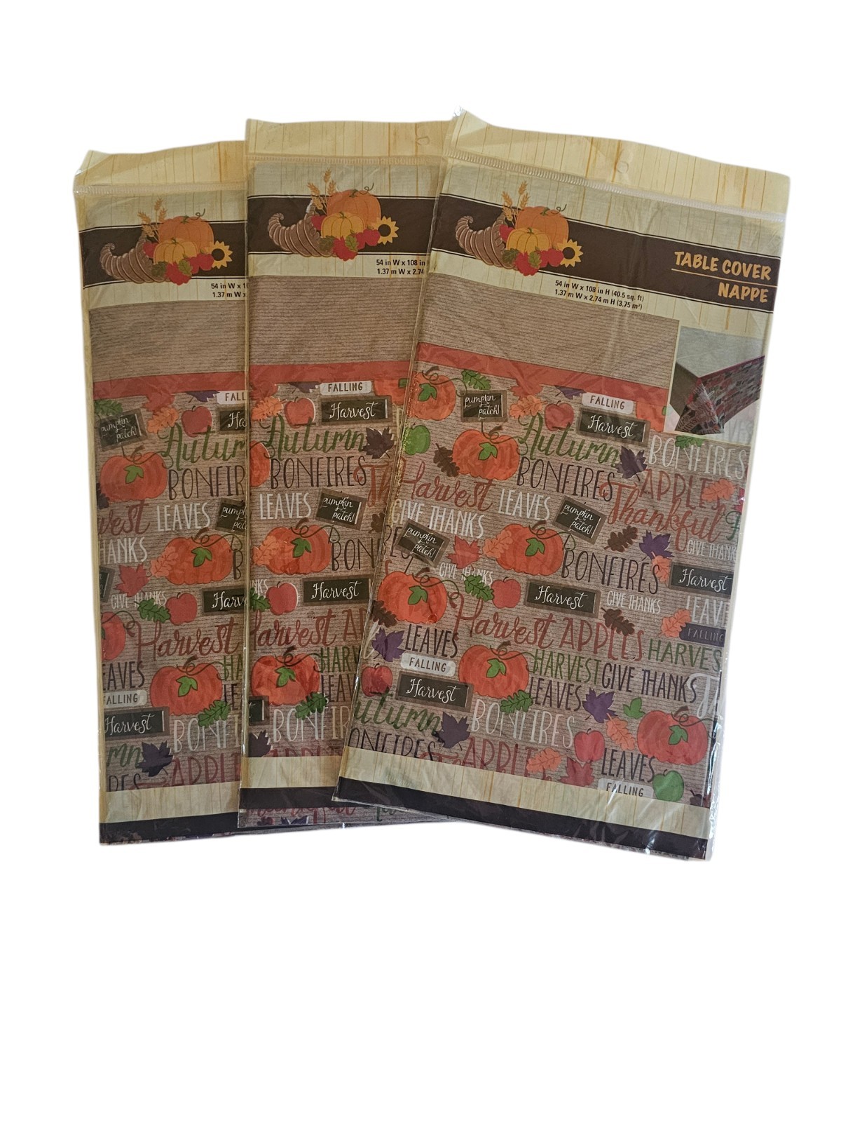 Lot 3 Thanksgiving Plastic Table Cloth Nappe Rectangle 54″ x 108″ Autumn Pumpkin